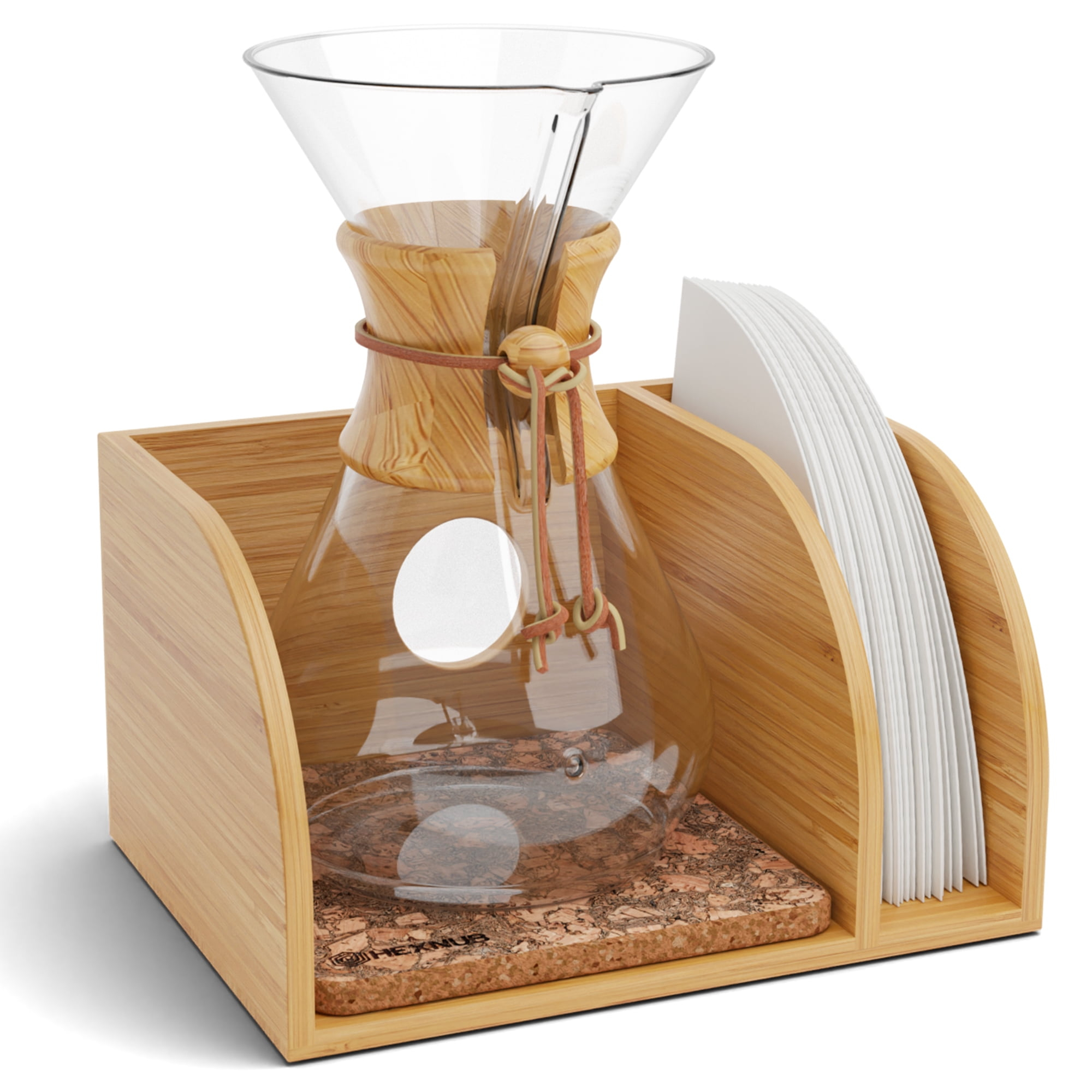 HEXNUB Bamboo Caddy for Chemex, Bodum, Cosori Pour Over Coffee Makers - Cork Mat