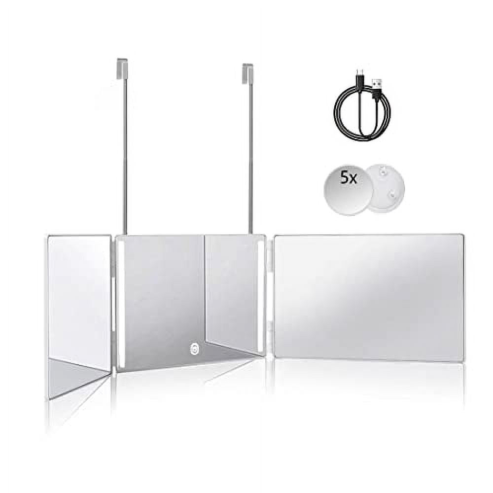 HIEEY 3 Way Mirror for Hair Cutting,360 Trifold Mirror with Height Adjustable Telescoping Hooks,and 5X Magnification Mirror,for Makeup, Hair Styling