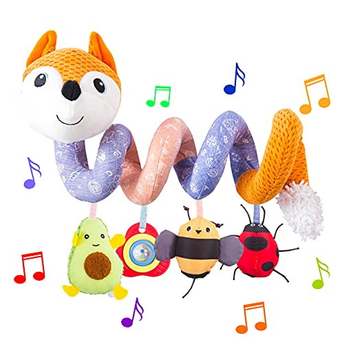 HILENBO Car Seat Toys, Infant Baby Orange Fox Spiral Plush Activity Hanging Toys for Car Seat Stroller Bar Crib Bassinet Mobile with Music Box BB Squeaker and Rattles?Orange?