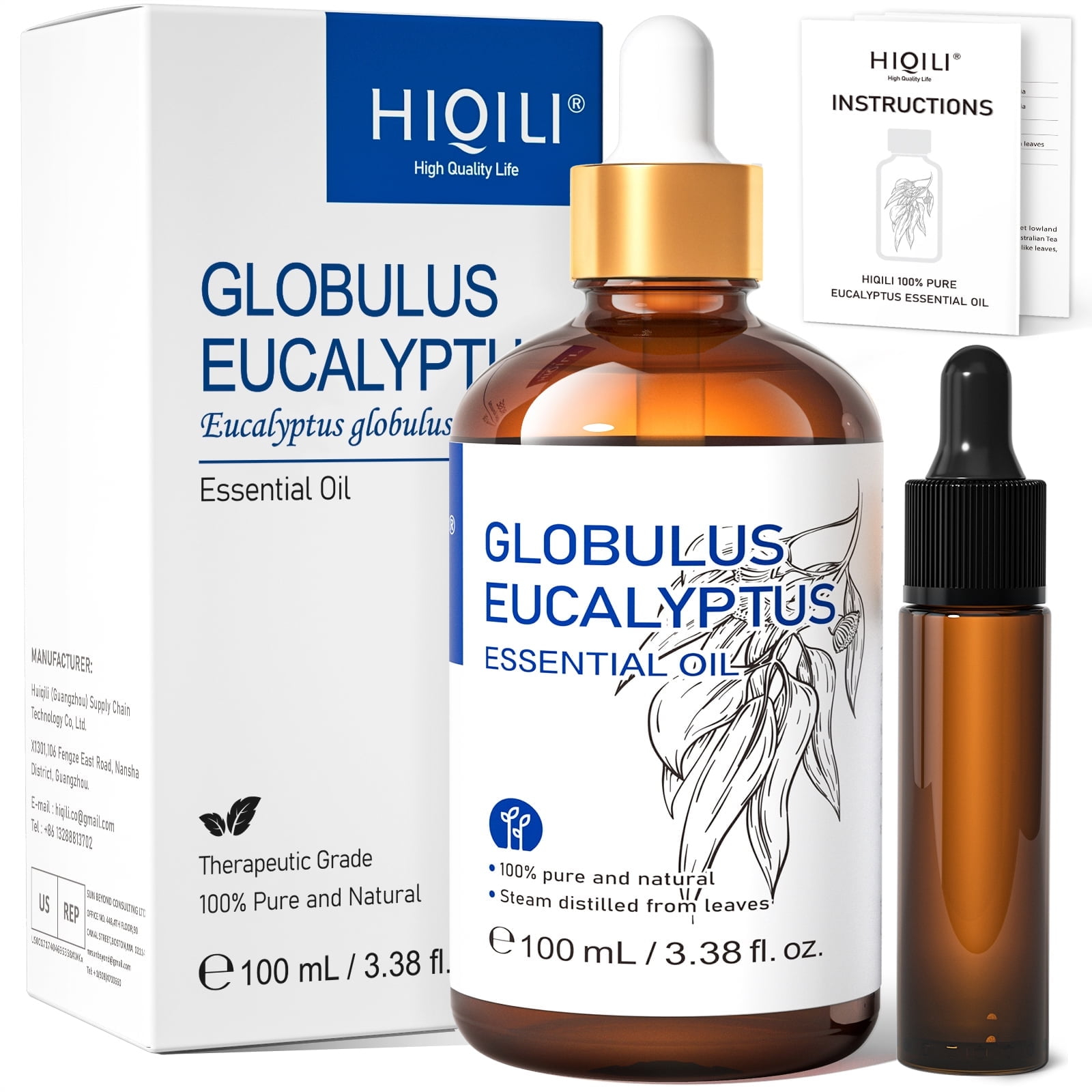 HIQILI Eucalyptus Essential Oil, Pure Undiluted Oil for Diffuser, Skin, Candles Soap Making-100mL