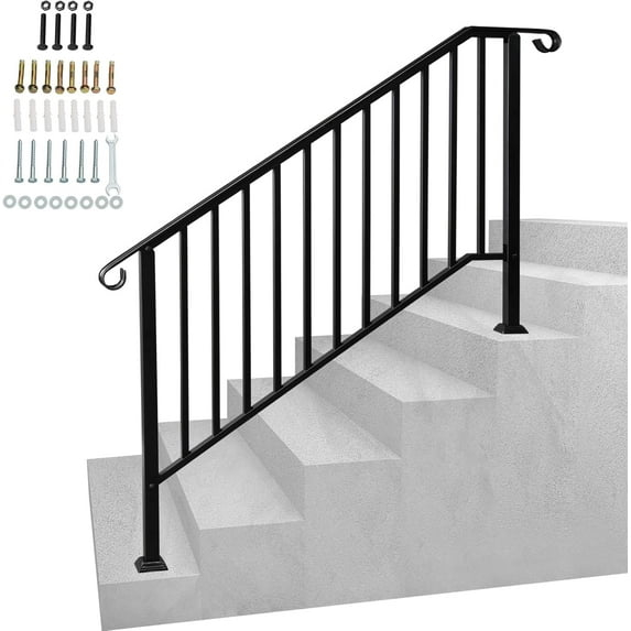 HLL Handrails for Outdoor Steps, Black Wrought Iron Handrail Fits 4 or 5 Steps, Transitional Handrail with Installation Kit, Stair Railing for Concrete Steps or Wooden Stairs