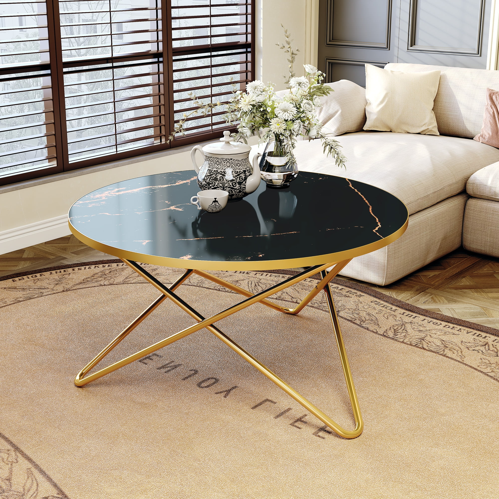 HLR 31.4" Round Coffee Table for Living Room, Wood Marble Black Side Table, Modern Center Table