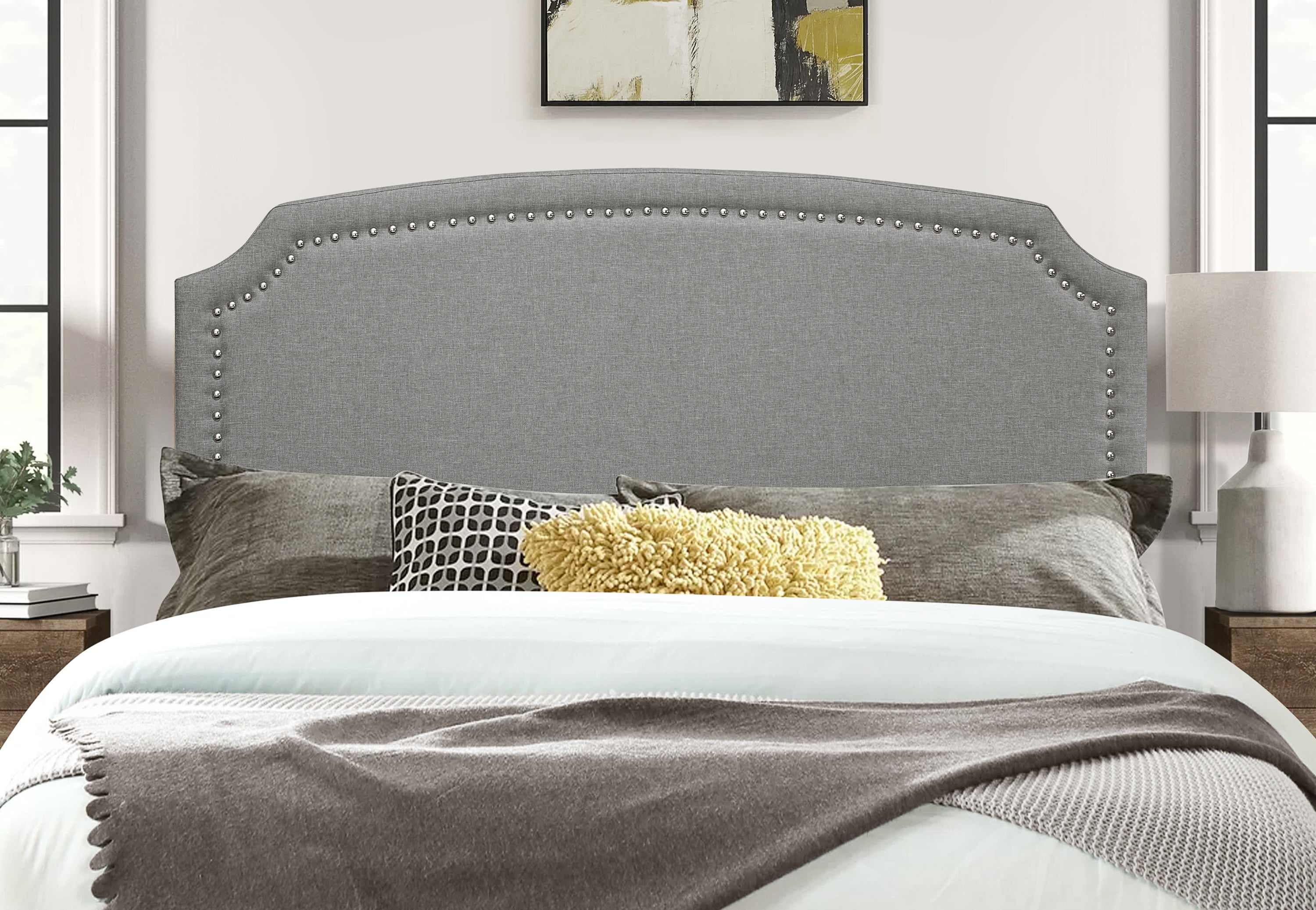HMD Cora Upholstered Twin Headboard With Nailhead Trim, Gray