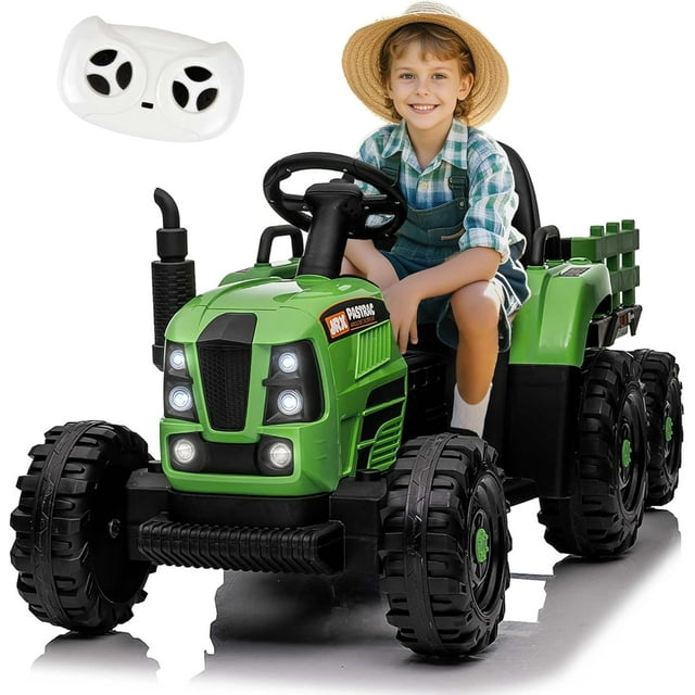 24V 400W Powered Electric Tractor for Kids, 3-Speed Ride On Tractor with Remote Control, USB/MP3/Bluetooth, LED Lights, Safety Belt, 1.86-4.97 MPH，Green