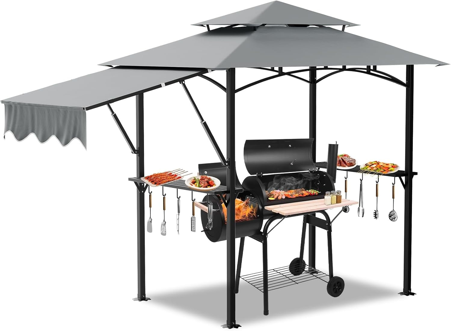 HOBLOC 8x5ft Grill Gazebo, Double Tiered Outdoor BBQ Patio Canopy Tent with Adjustable Side Awning, Grey