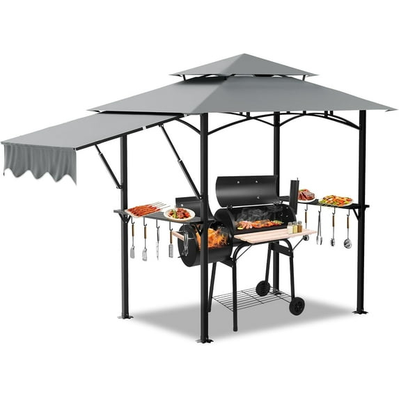 HOBLOC 8x5ft Grill Gazebo, Double Tiered Outdoor BBQ Patio Canopy Tent with Adjustable Side Awning, Grey