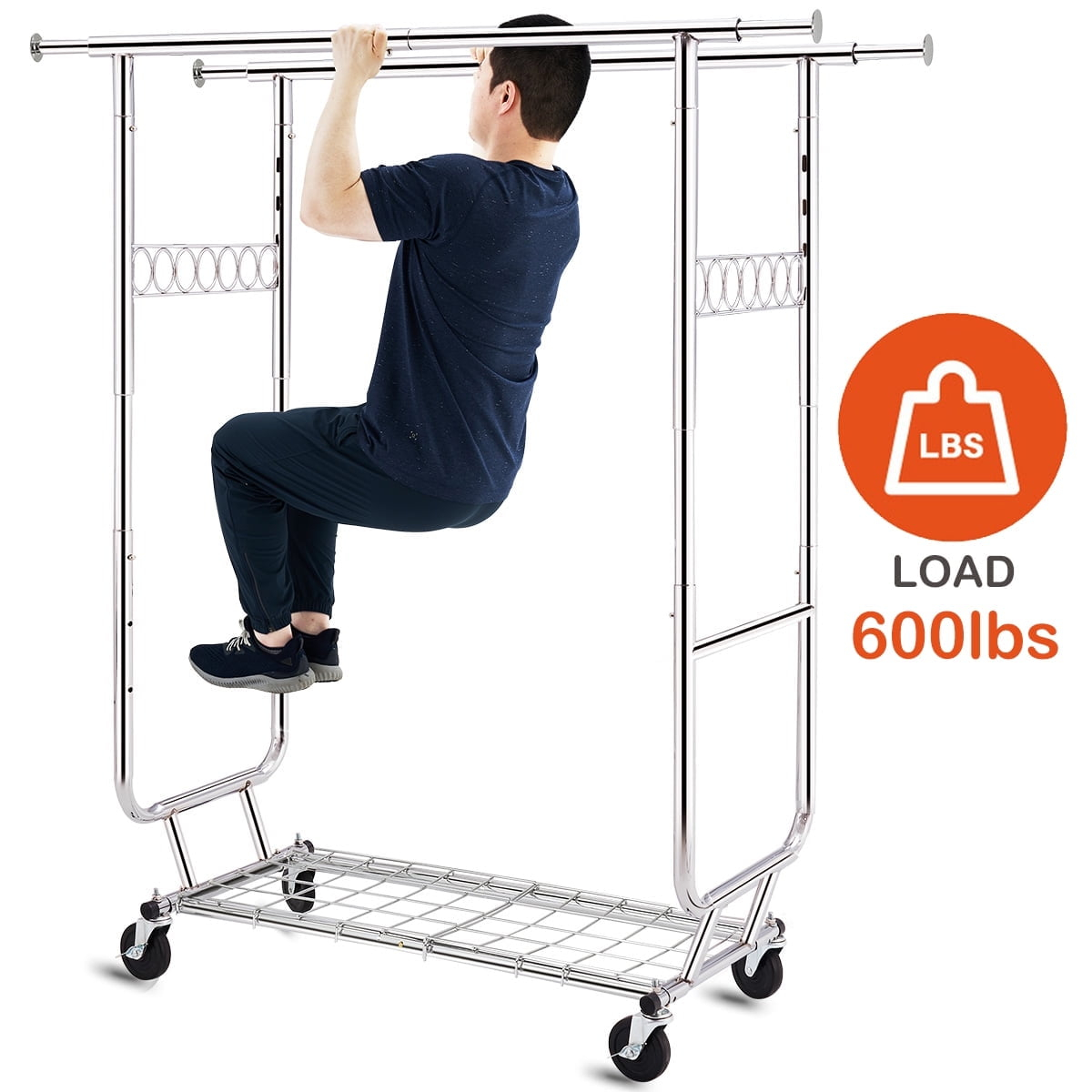 HOKEEPER Double Clothing Garment Rack with Shelves Capacity 600 lbs Clothing Racks on Wheels Rolling Clothes Rack for Hanging Clothes Heavy Duty Portable Collapsible Commercial Garment Rack Chrome