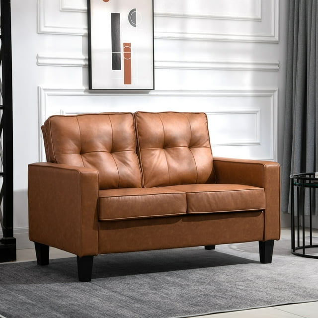 51" Wide Loveseat with Armrest,Tufted PU Leather Double Sofa, 2-Seater Sofa,Brown