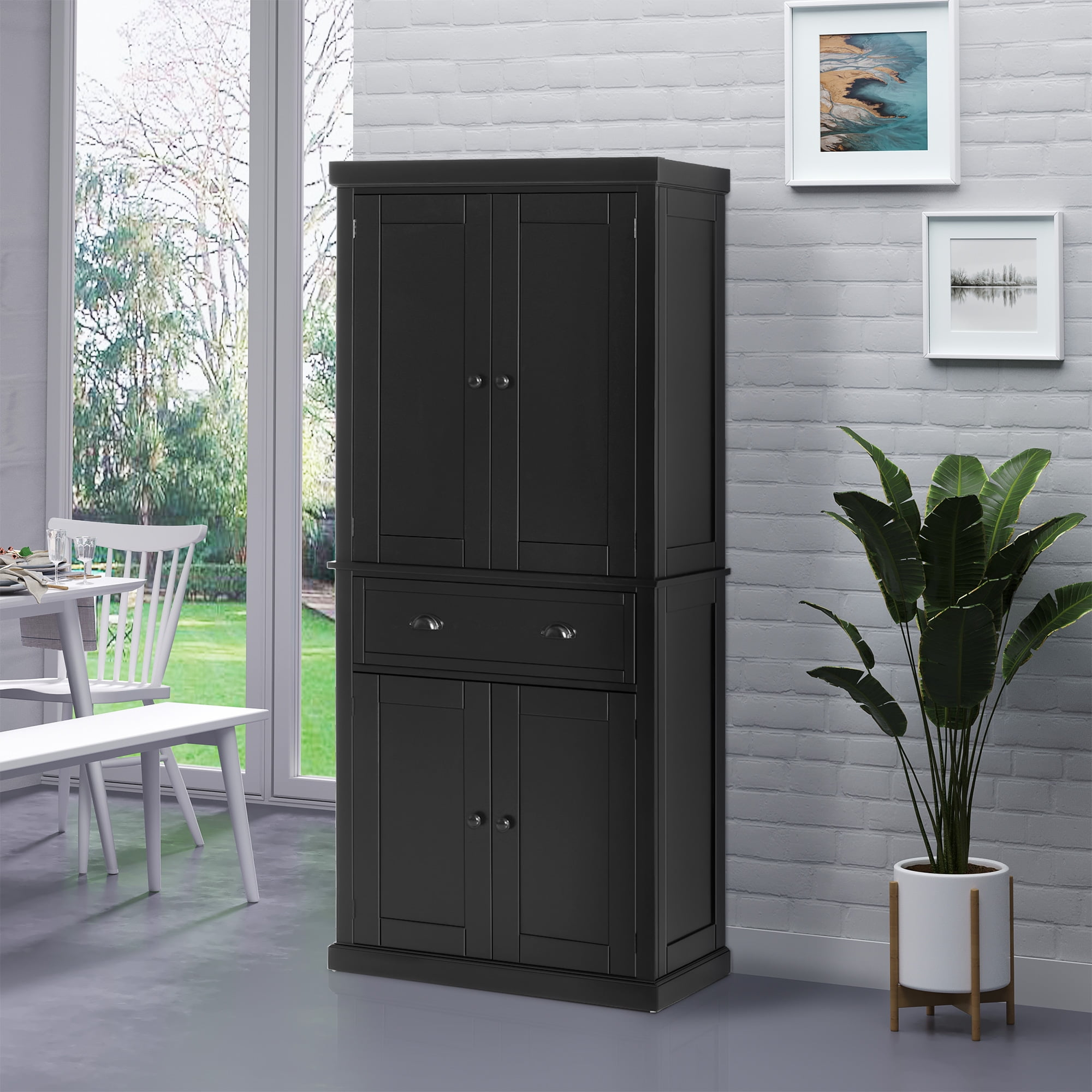 HOMCOM 72.5" Kitchen Pantry Cabinet, Traditional Freestanding Storage Cabinet with 4 Doors, Drawer and 3 Adjustable Shelves for Dining Room, Black