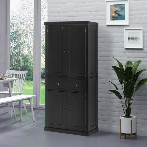 HOMCOM 72.5" Kitchen Pantry Cabinet, Traditional Freestanding Storage Cabinet with 4 Doors, Drawer and 3 Adjustable Shelves for Dining Room, Black