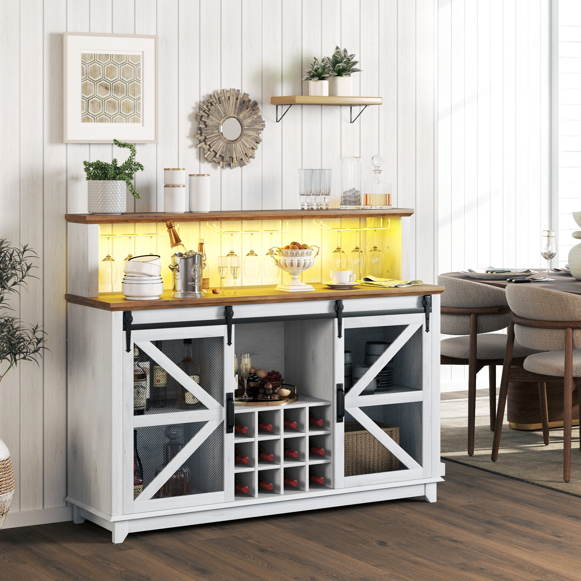Homiyad 55" Coffee Bar Cabinet with Lights, Farmhouse Wine Cabinet with Wine and Glass Racks for Kitchen, Dining Room, White