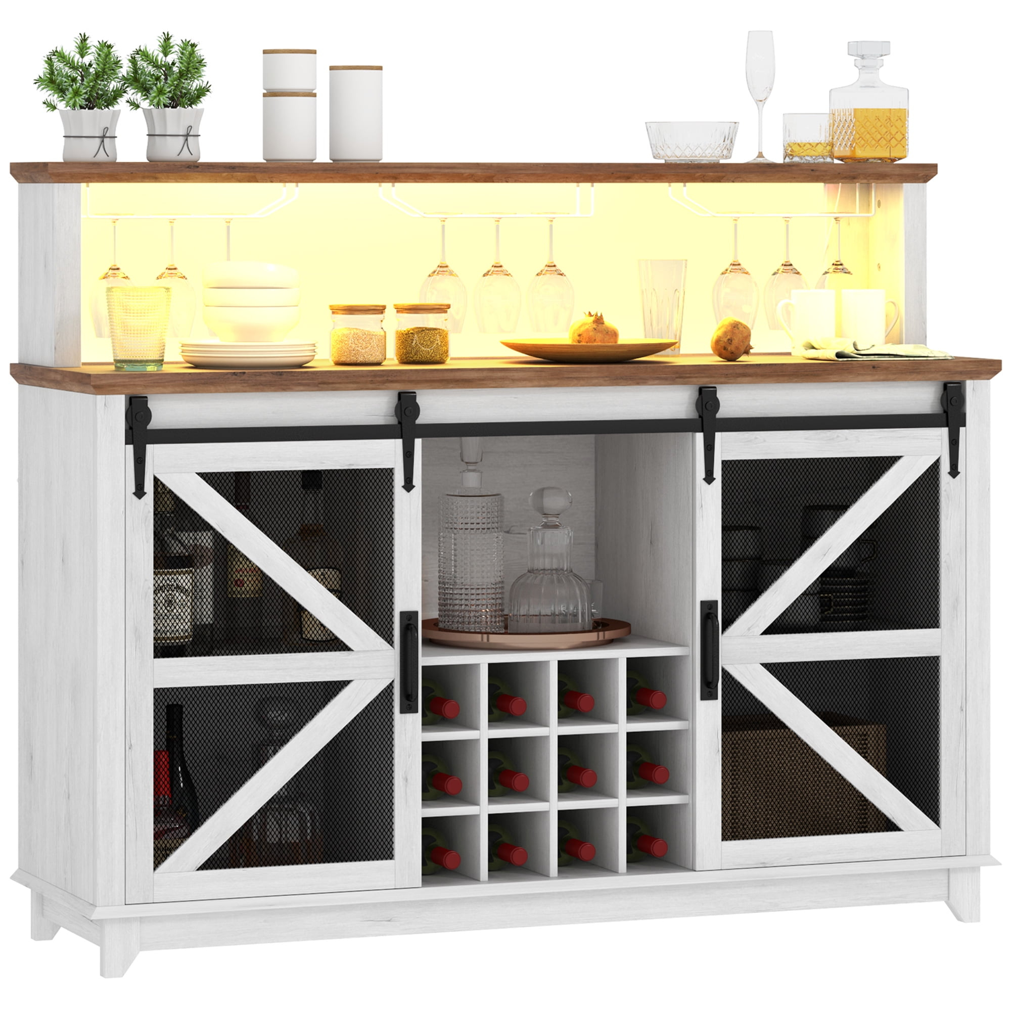 Homiyad 55" Coffee Bar Cabinet with Lights, Farmhouse Wine Cabinet with Wine and Glass Racks for Kitchen, Dining Room, White