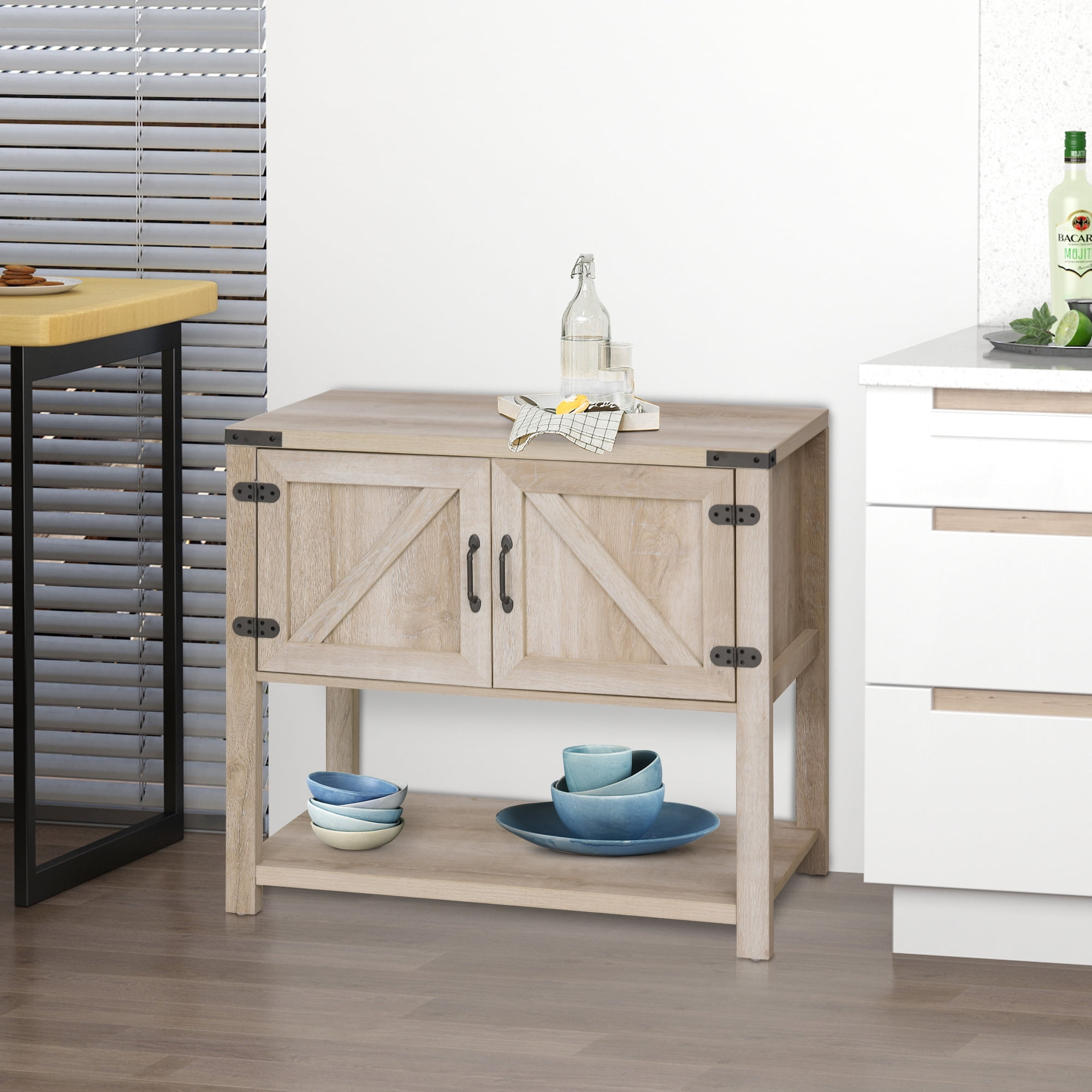 HOMCOM Farmhouse Double Door Coffee Bar Cabinet, Sideboard Buffet Cabinet, Kitchen Cabinet with Bottom Shelf for Entryway, Living Room, Oak