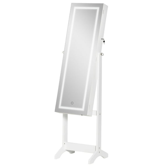 HOMCOM Jewelry Cabinet with LED Light, Lockable Organizer, Full-Length Mirror, 4 Angles, White