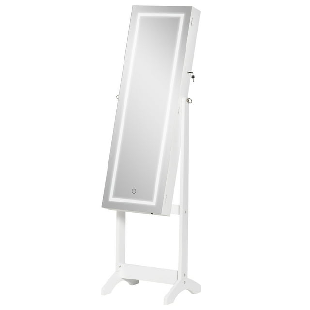 HOMCOM Jewelry Cabinet with LED Light, Lockable Organizer, Full-Length Mirror, 4 Angles, White