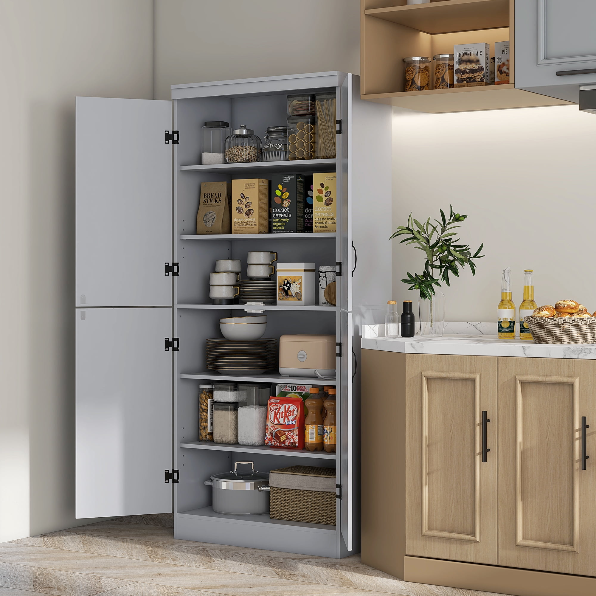 HOMCOM 70" 4-Door Kitchen Pantry, Freestanding Storage Cabinet, 6-tier Cupboard with Adjustable Shelves for Living Room, Gray