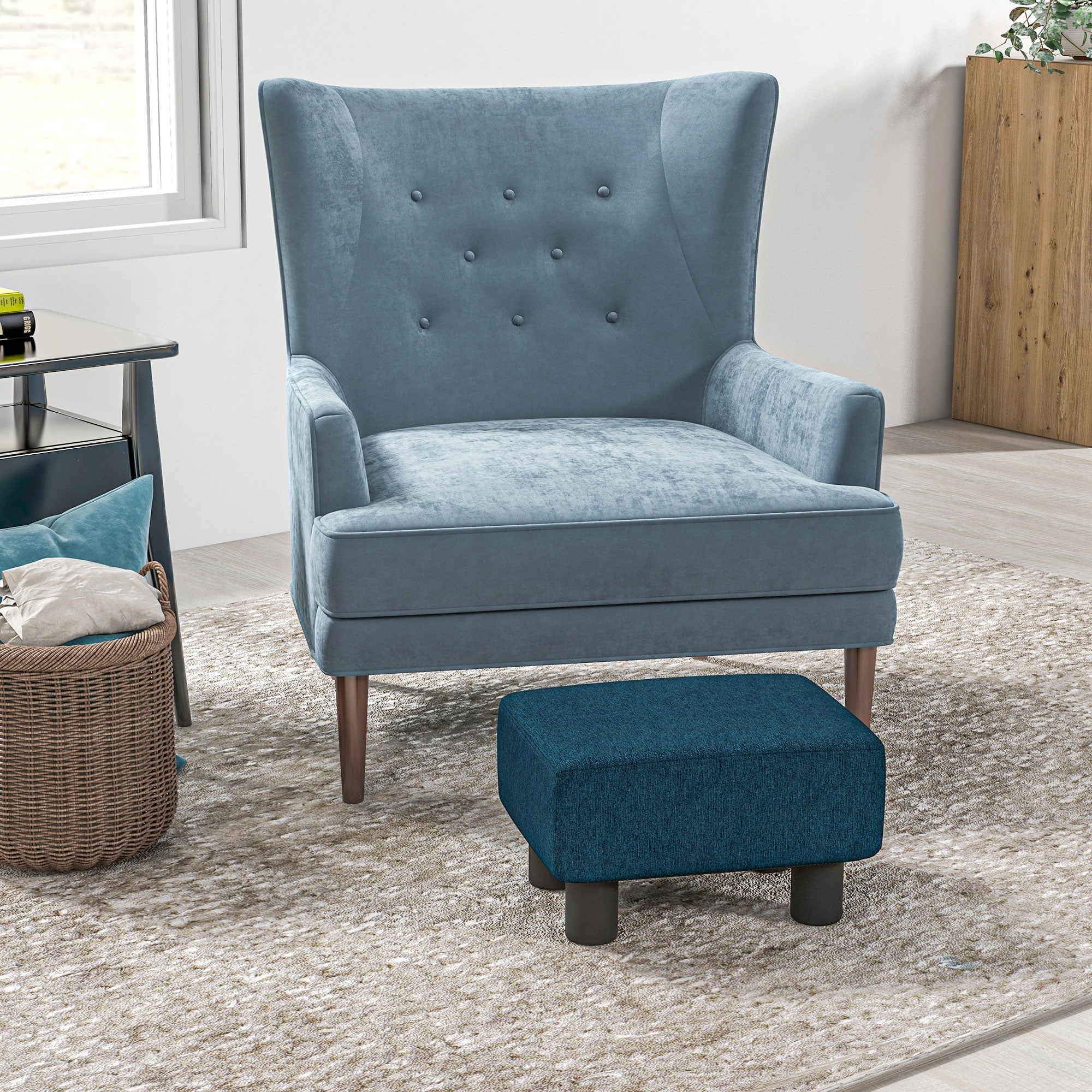 HOMCOM 16” Cube Modern Linen Fabric Pouf Footrest Ottoman - Dark Blue