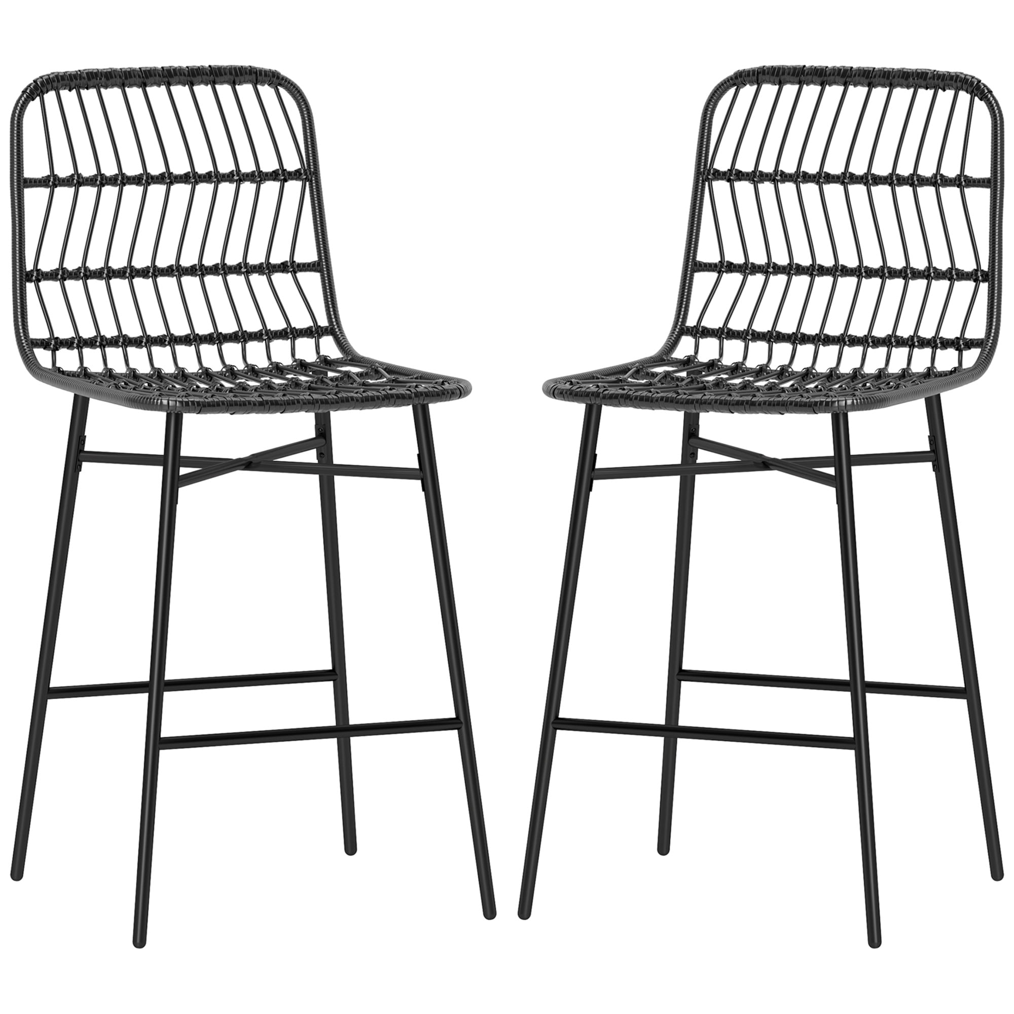HOMCOM Rattan Counter Height Bar Stools Set of 2 Barstools with Back, Black