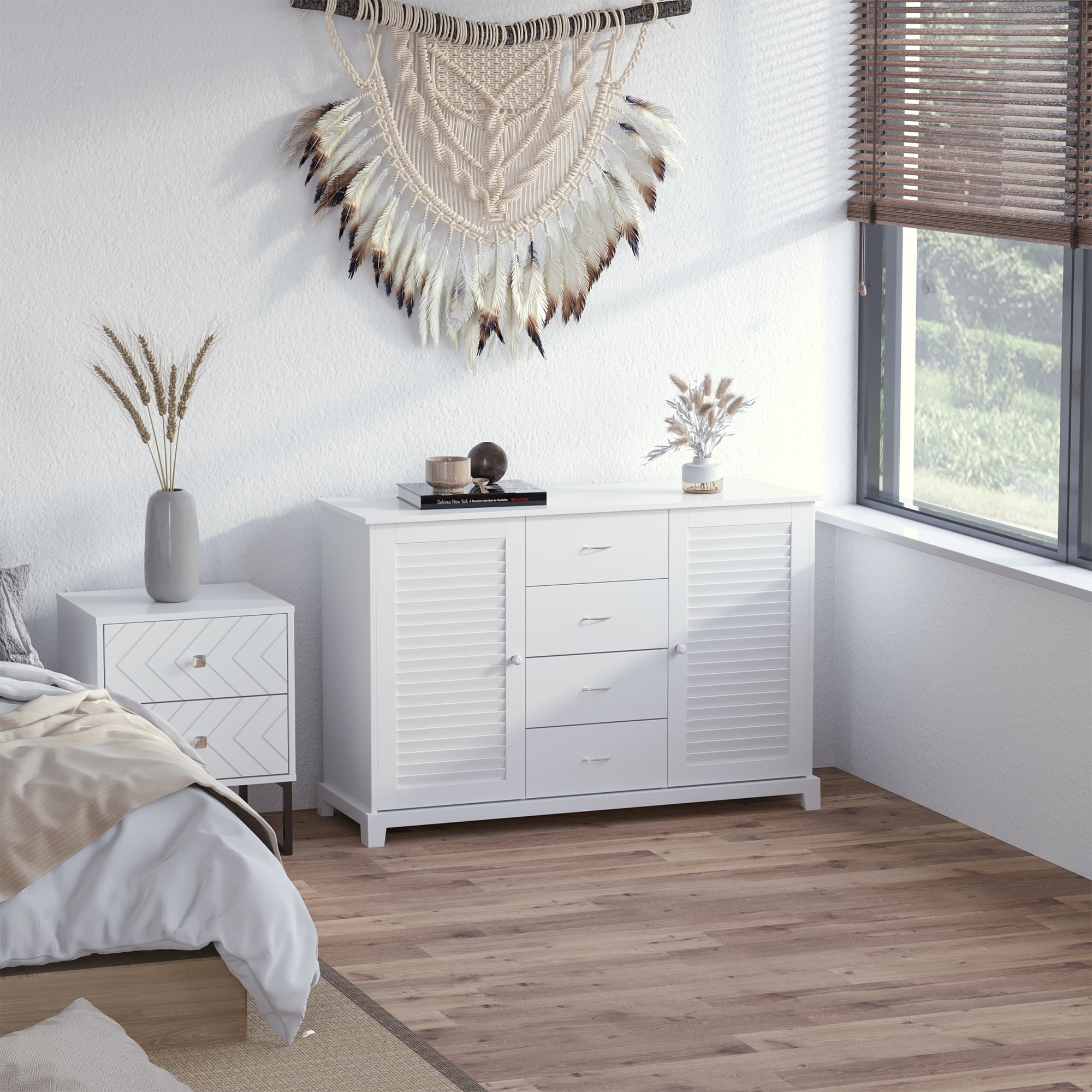 HOMCOM Sideboard Buffet Cabinet, Kitchen Cabinet, Coffee Bar Cabinet with 4 Drawers and 2 Louvered Doors for Living Room, Kitchen, White
