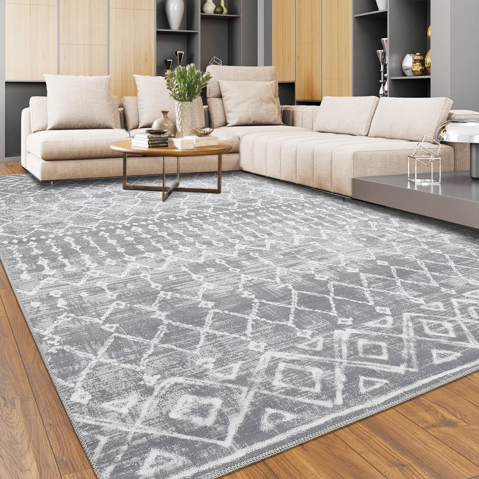 5'x7' Area Rugs for Living Room Machine Washable Rug Boho Geometric Indoor Area Rug Neutral Moroccan Style Ultra Soft Foldable Non-Slip Bedroom Rug Dining Room Office Modern Carpet Grey