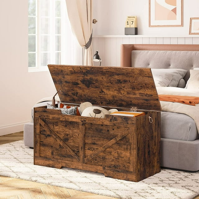 HOOBRO 39.4" Storage Chest Retro Toy Box Organizer with Safety Hinge Rustic Brown BF771CW01