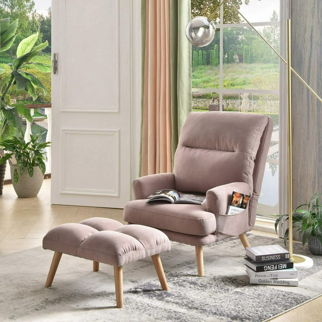 Dusty Pink Linen Recliner with Natural Wood Legs and Ottoman
