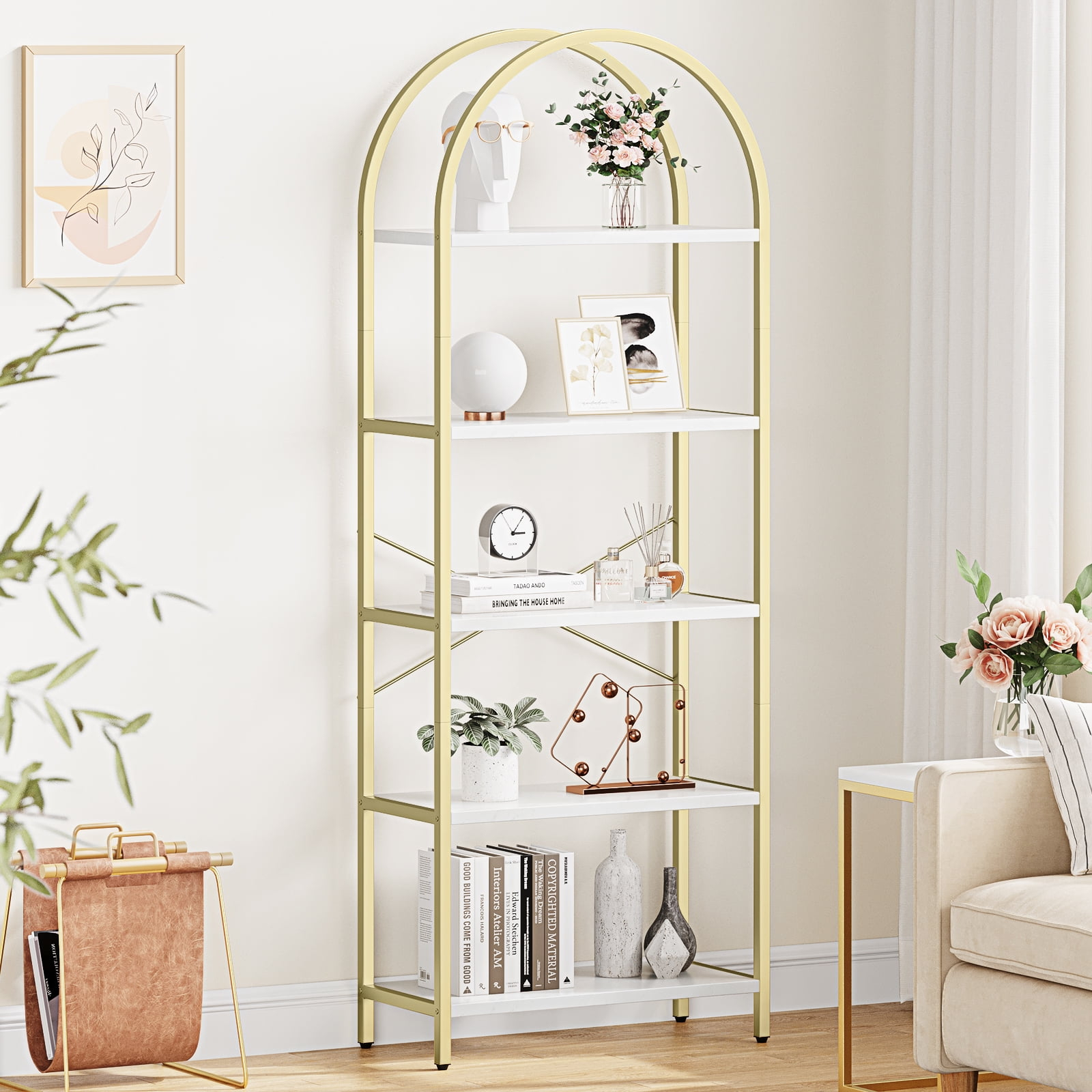 5 Tier Gold Bookshelf, Modern Storage Organizer Shelf, Metal Bookcase Stand for Office, Bedroom Kitchen Living Room