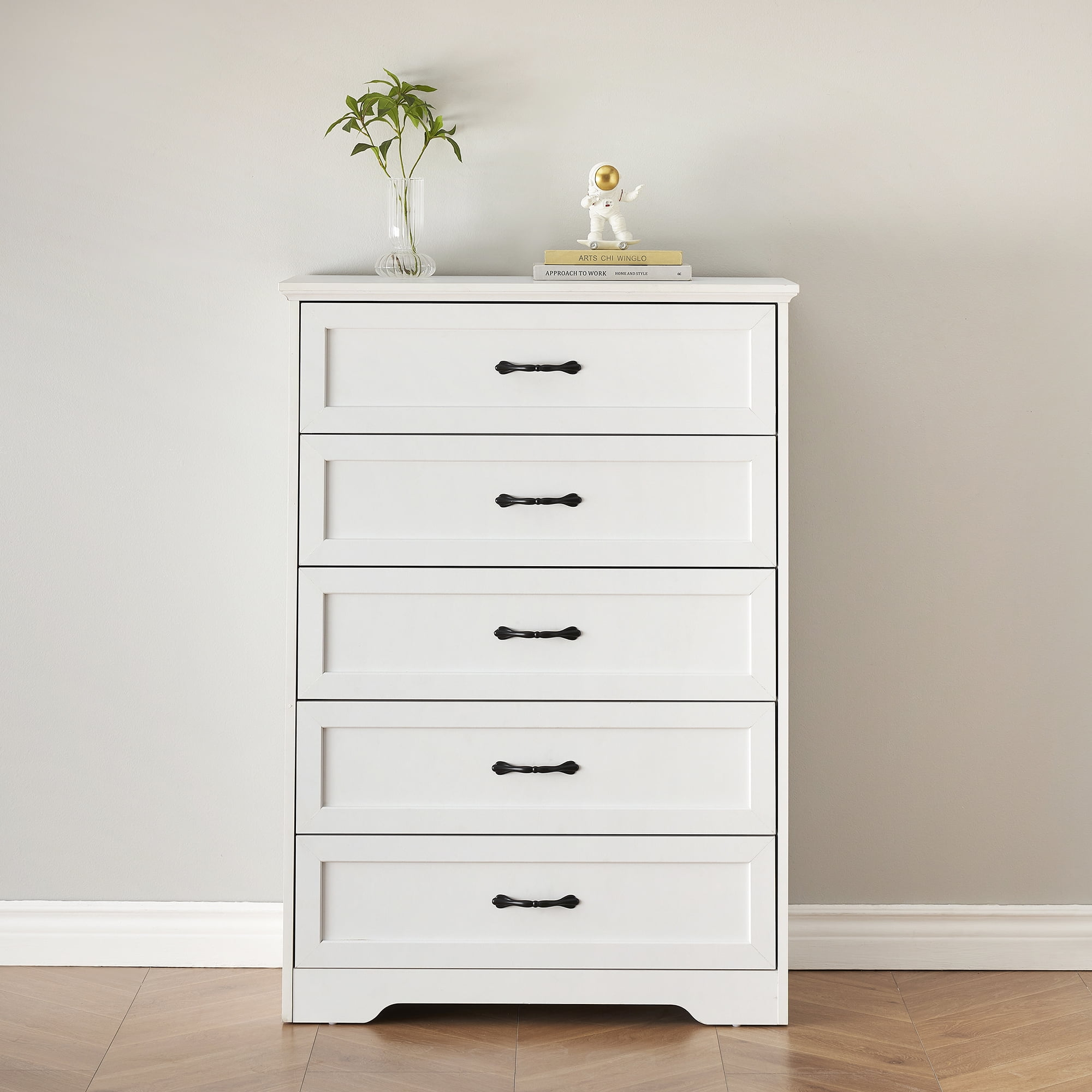HOSSLLY Dresser for Bedroom with 5 Drawers, Tall Wood Drawer Dresser Chest of Drawers for Closet, Living Room, Hallway, Nursery, Kids Bedroom, White