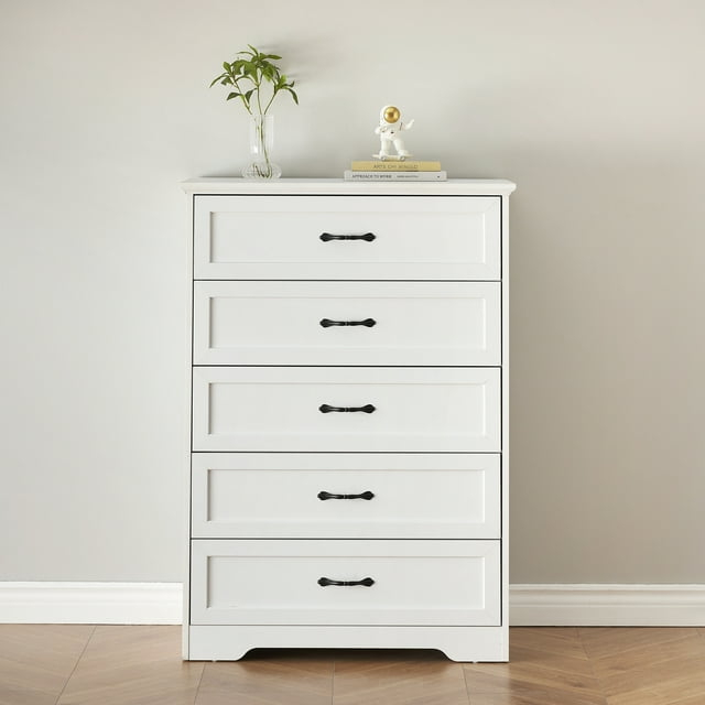 HOSSLLY Dresser for Bedroom with 5 Drawers, Tall Wood Drawer Dresser Chest of Drawers for Closet, Living Room, Hallway, Nursery, Kids Bedroom, White