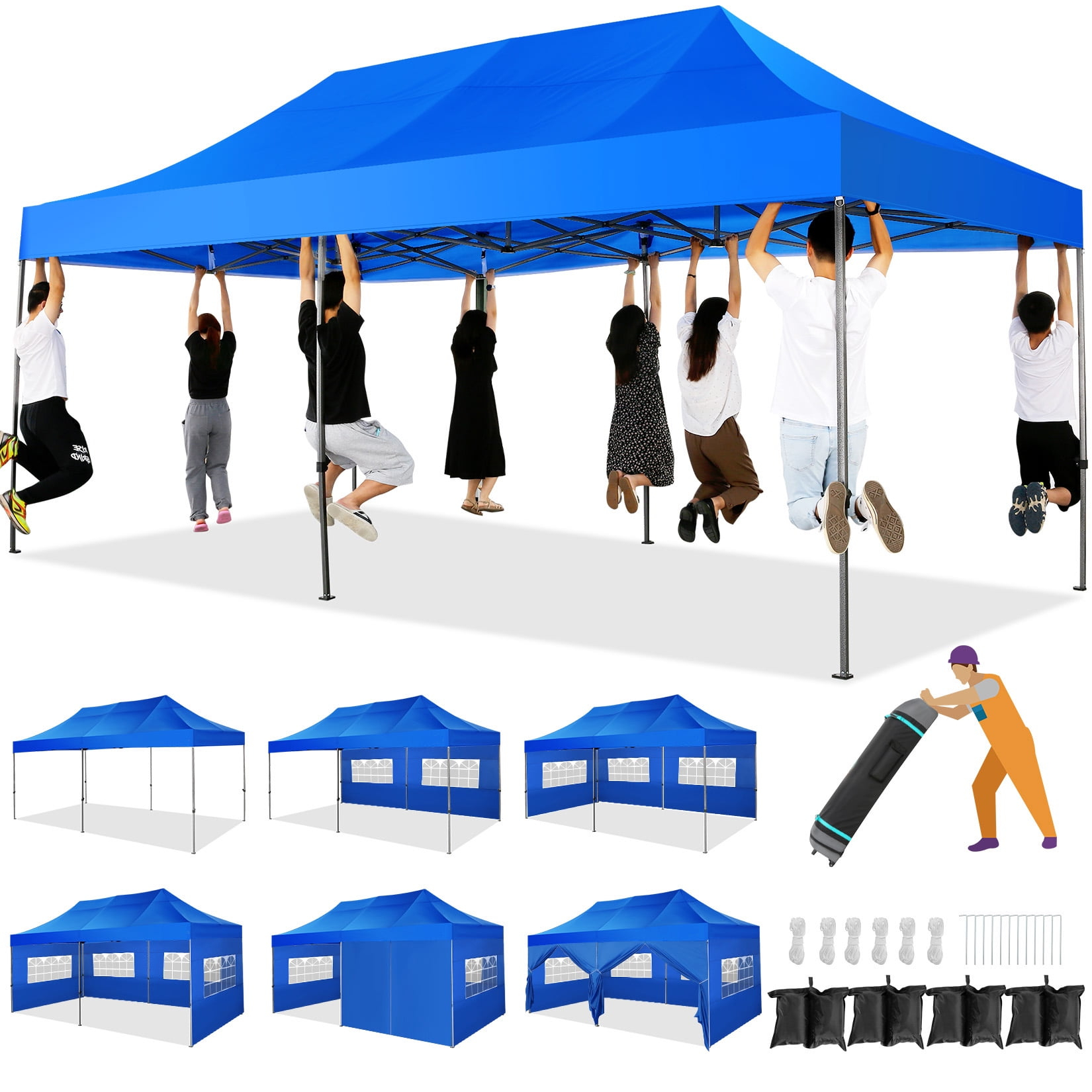 HOTEEL 10'x20' Pop Up Canopy Anti-UV Waterproof Heavy Duty Outdoor Tent Portable Party Wedding Instant Canopy Shelter All Season Tent Gazebo with 6 Removable Sidewalls, 4 Sandbags, Roller Bag, Blue