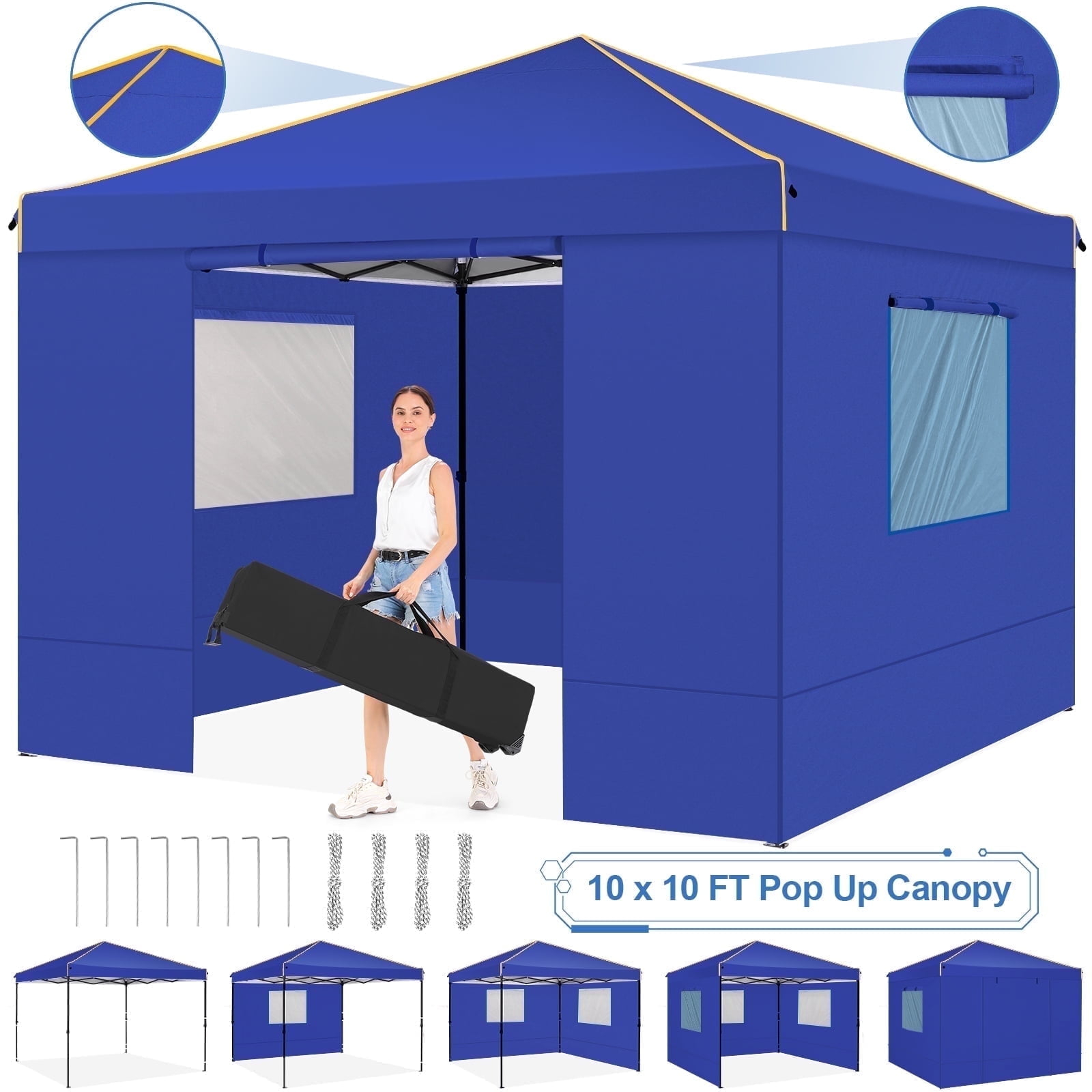 COBIZI 10x10 Pop-up Canopy Tent with 4 Sidewalls and Mesh Windows 2.0, Waterproof Commercial Instant Outdoor Canopy Tents for Party/Exhibition/Picnic with Carry Bag,4 Stakes & Ropes,Dark Blue