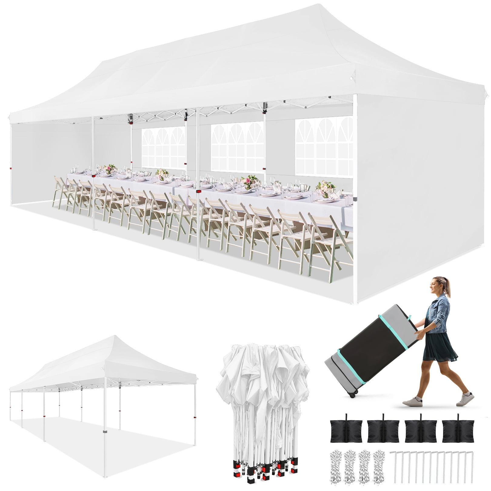 10'x30' EZ Outdoor Pop Up Canopy Tent, Waterproof and Sunproof Beach Canopy with 8 Removable Sidewalls, Heavy Duty Party Wedding Canopy, Height Adjustable Comes with 4 Sandbags, Rolling Bag (White)