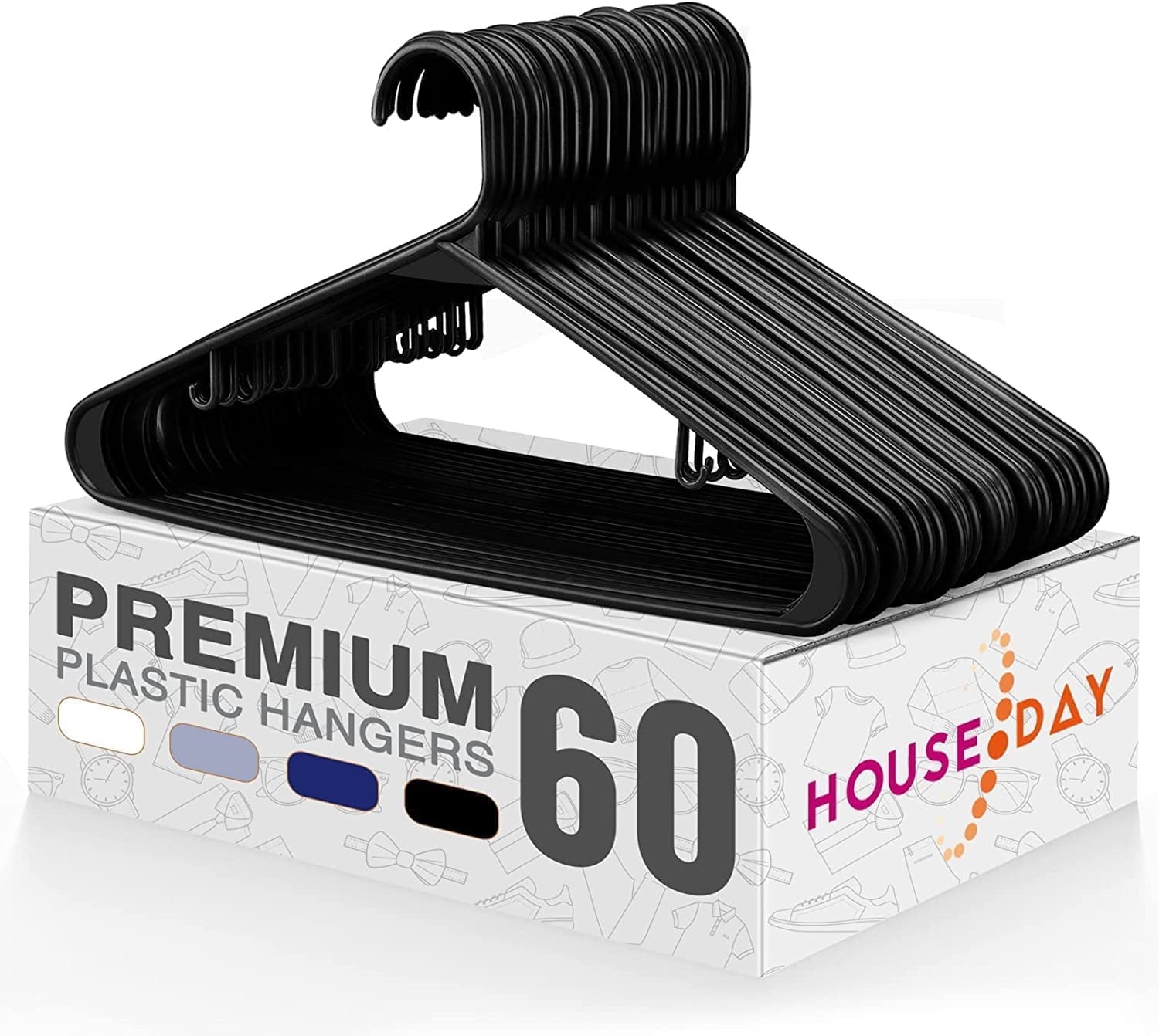 HOUSE DAY Black Plastic Hangers 60 Pack, Durable Clothes Hanger with Hooks, Space Saving Hangers Perfect for Use in Any Closet