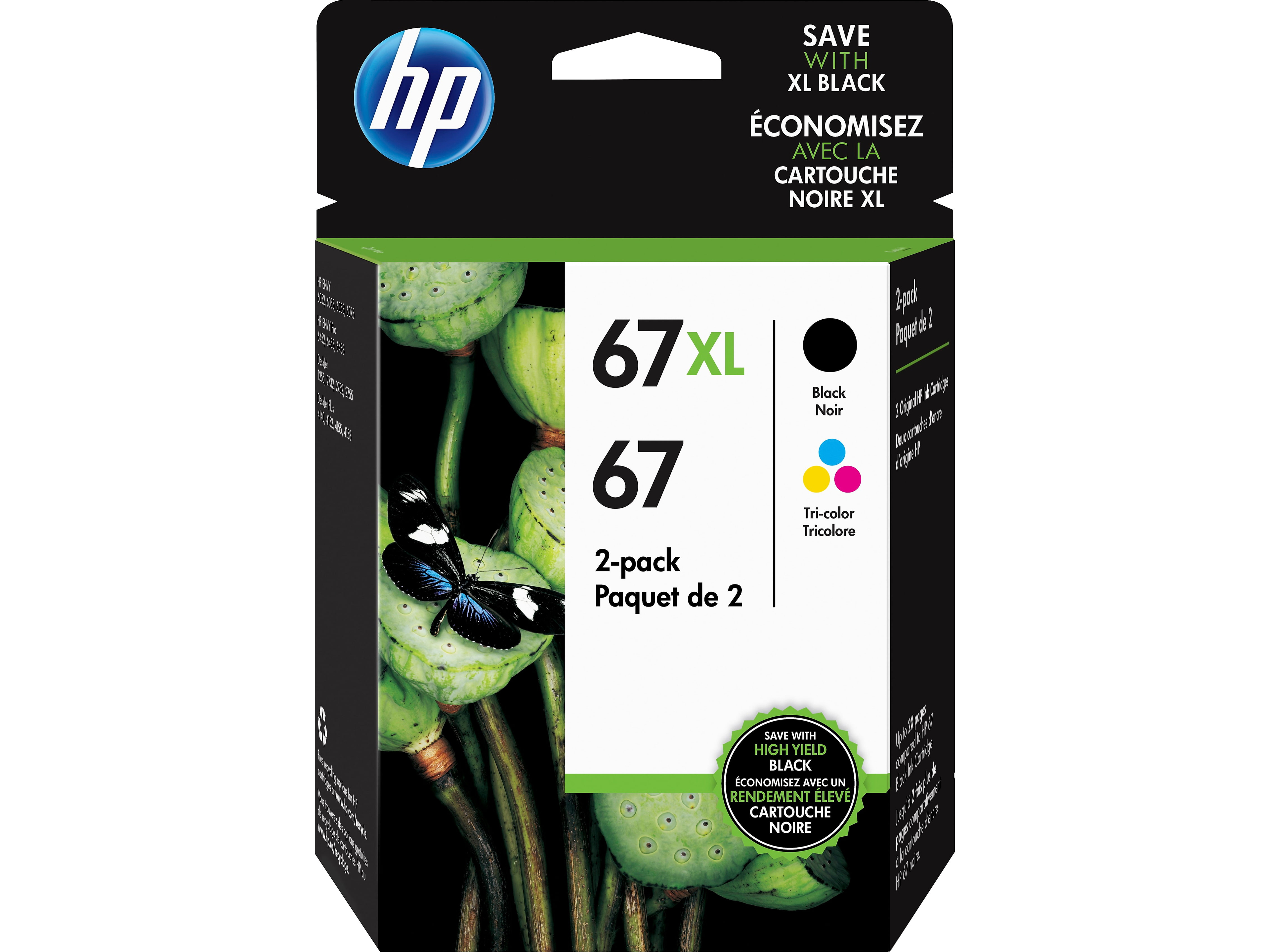 HP 67 Tri-Color Ink Cartridges High/Standard Yield 2 Per Pack, 67XL Black, Cyan, Magenta, Yellow