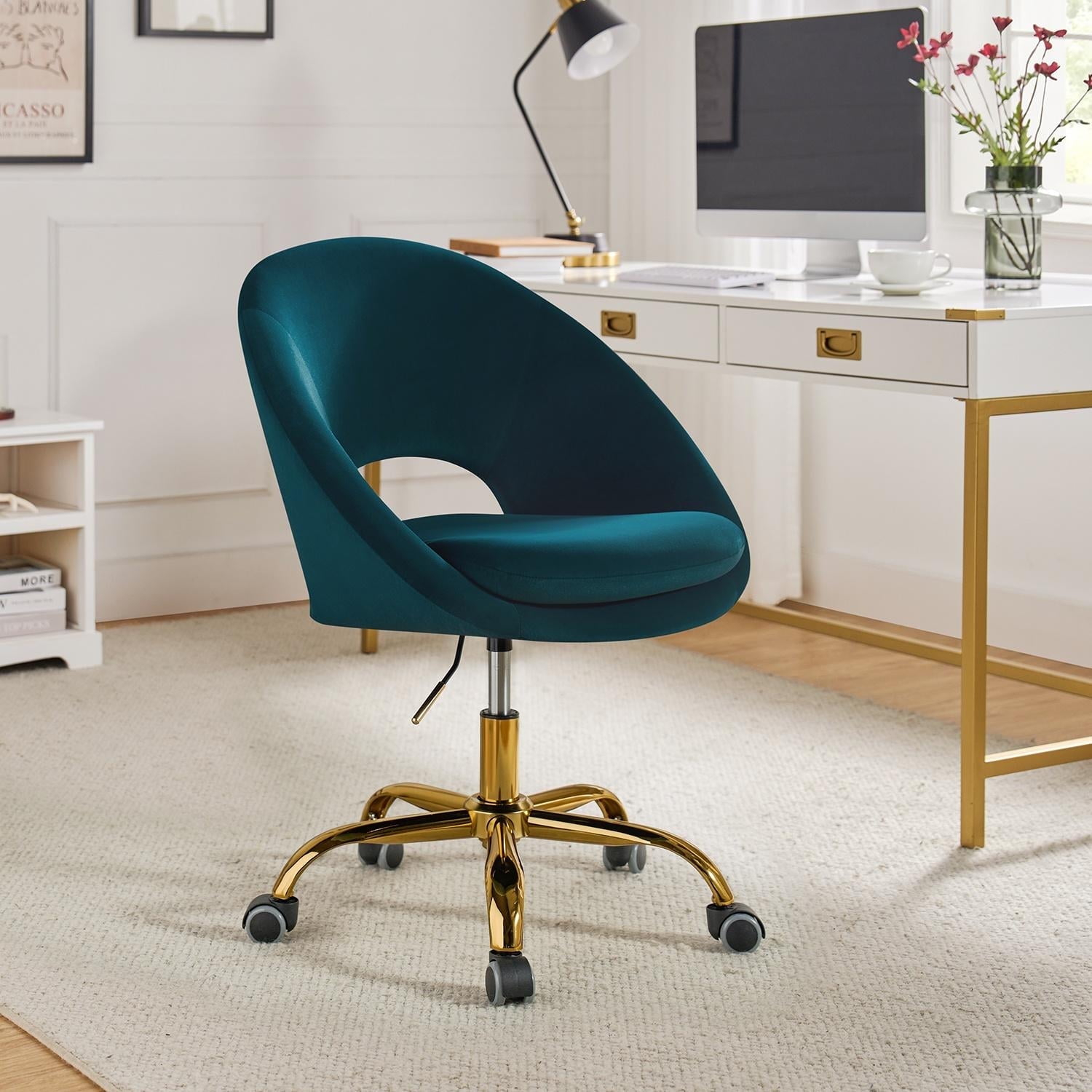 Modern Velvet Office Desk Chair Adjustable Swivel Upholstered Open Back Living Room Vanity Teal