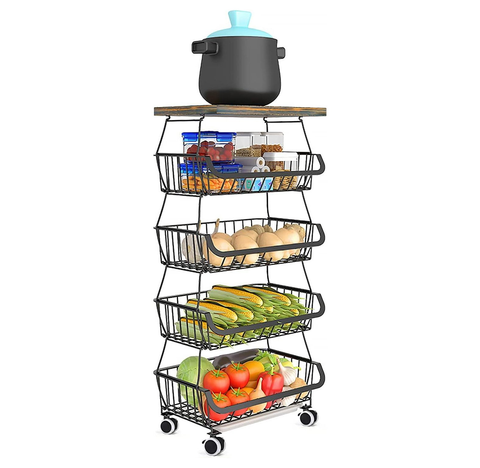 HYYYYH 5 Tier Fruit Vegetable Storage Baskets with Wood Stackable Storage Baskets Produce Storage Bins for Kitchen, Bathroom, Pantry