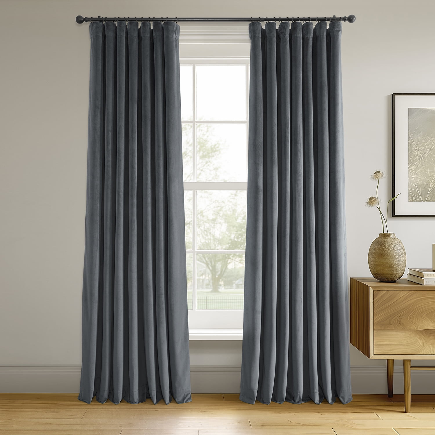 Half Price Drapes Signature Blue Grey Velvet Blackout Curtains For Bedroom(1 Panel), 50WX 96L