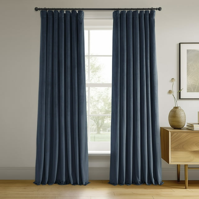Half Price Drapes Signature Midnight Blue Velvet Blackout Curtains For Bedrooms (1 Panel), 50WX 84L