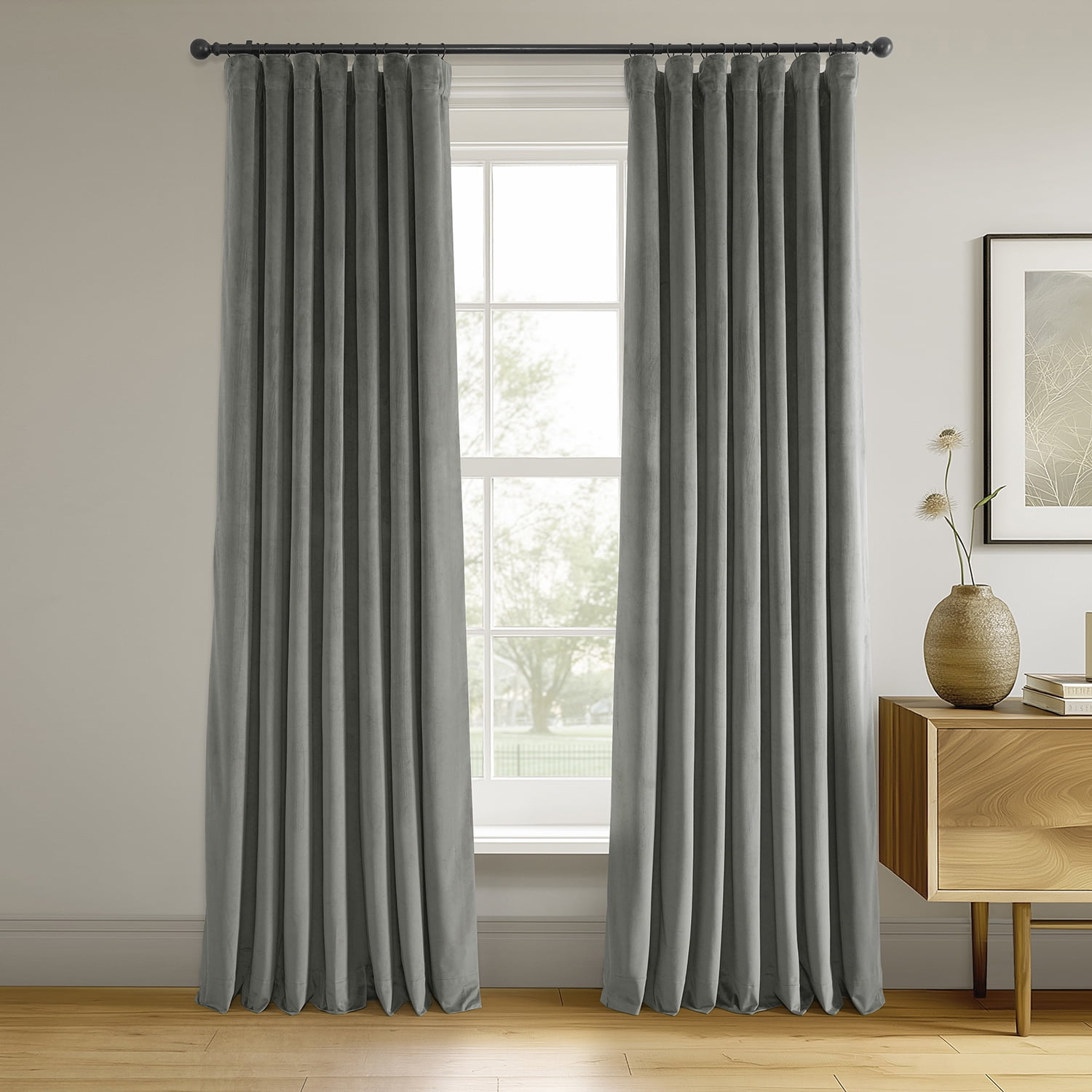 Half Price Drapes Signature Silver Grey Velvet Blackout Curtains for Bedrooms(1 Panel), 50WX 96L