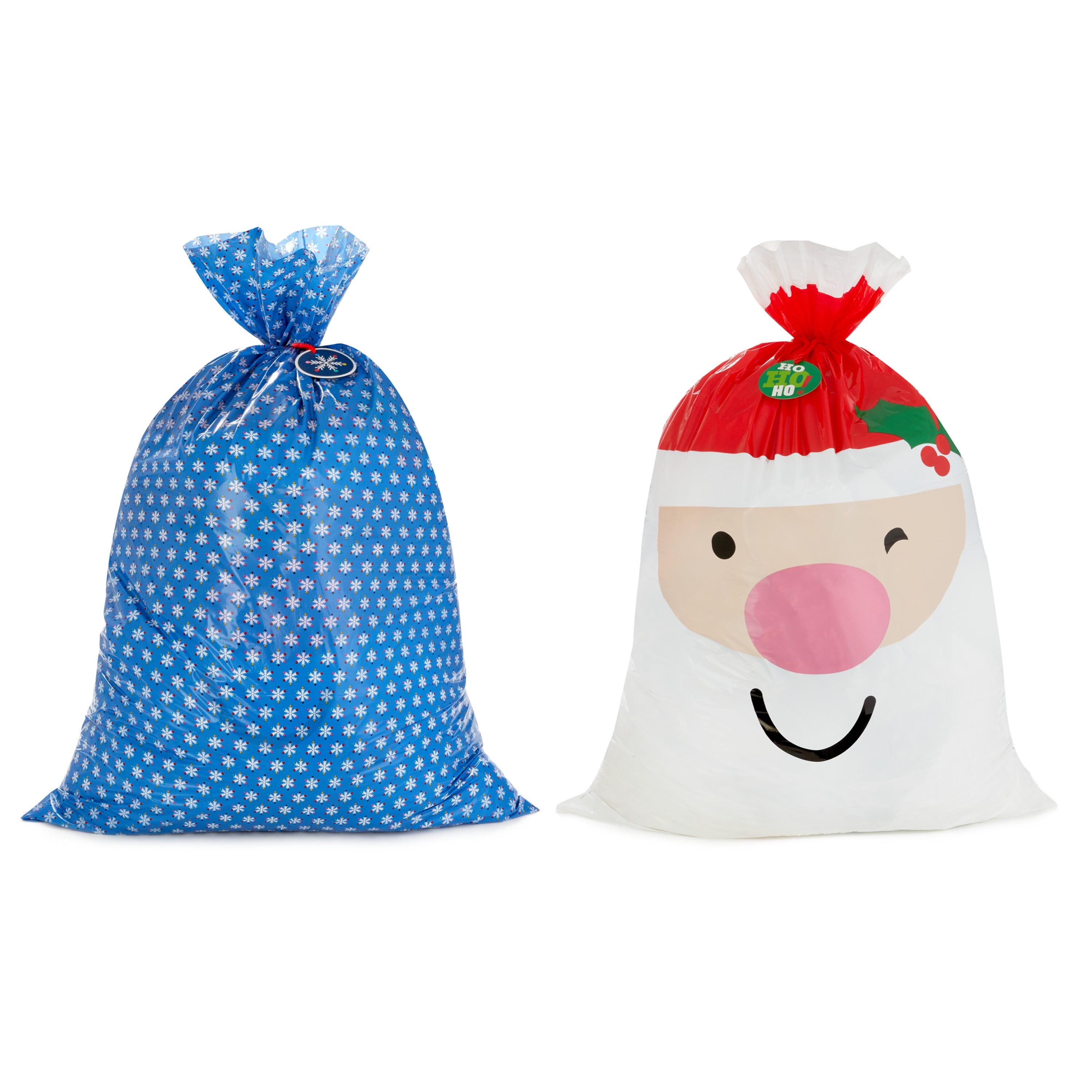 Hallmark Jumbo Plastic Christmas Gift Bags with Gift Tags and Tie Cords (2 Bags: Santa Claus Face, Rainbow Snowflakes on Blue)