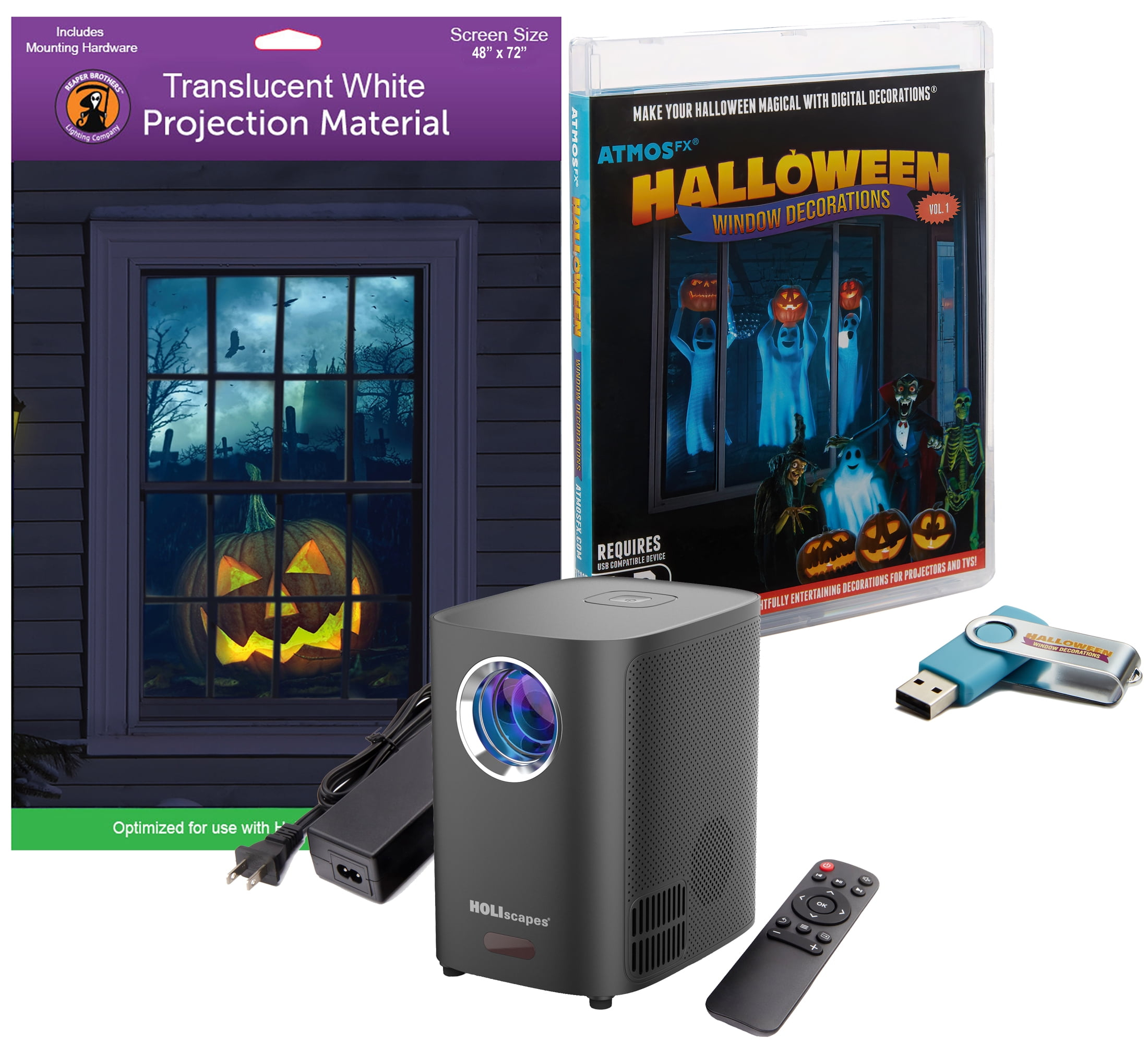 Halloween Digital Decoration Kit Includes 8 AtmosFX Video Effects for Halloween Plus HD Super Bright Projector and 48” x 72” Holographic Projection Screen