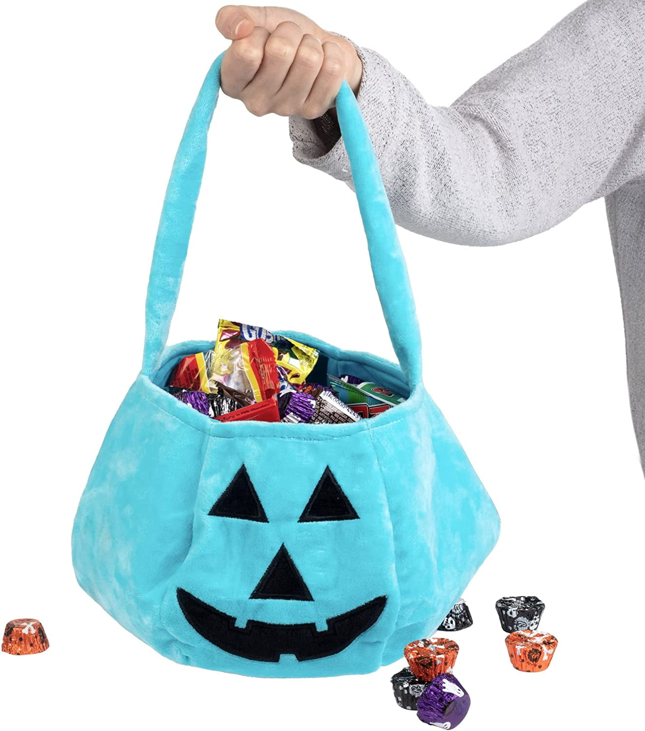 Halloween Trick or Treat Bucket - Teal Pumpkin Allergy Friendly Soft Treat Bag Tote - Reusable 8 x 8 Kids Light Blue Jack O Lantern Felt Fabric Pail for Treats, Costume, and Decorations