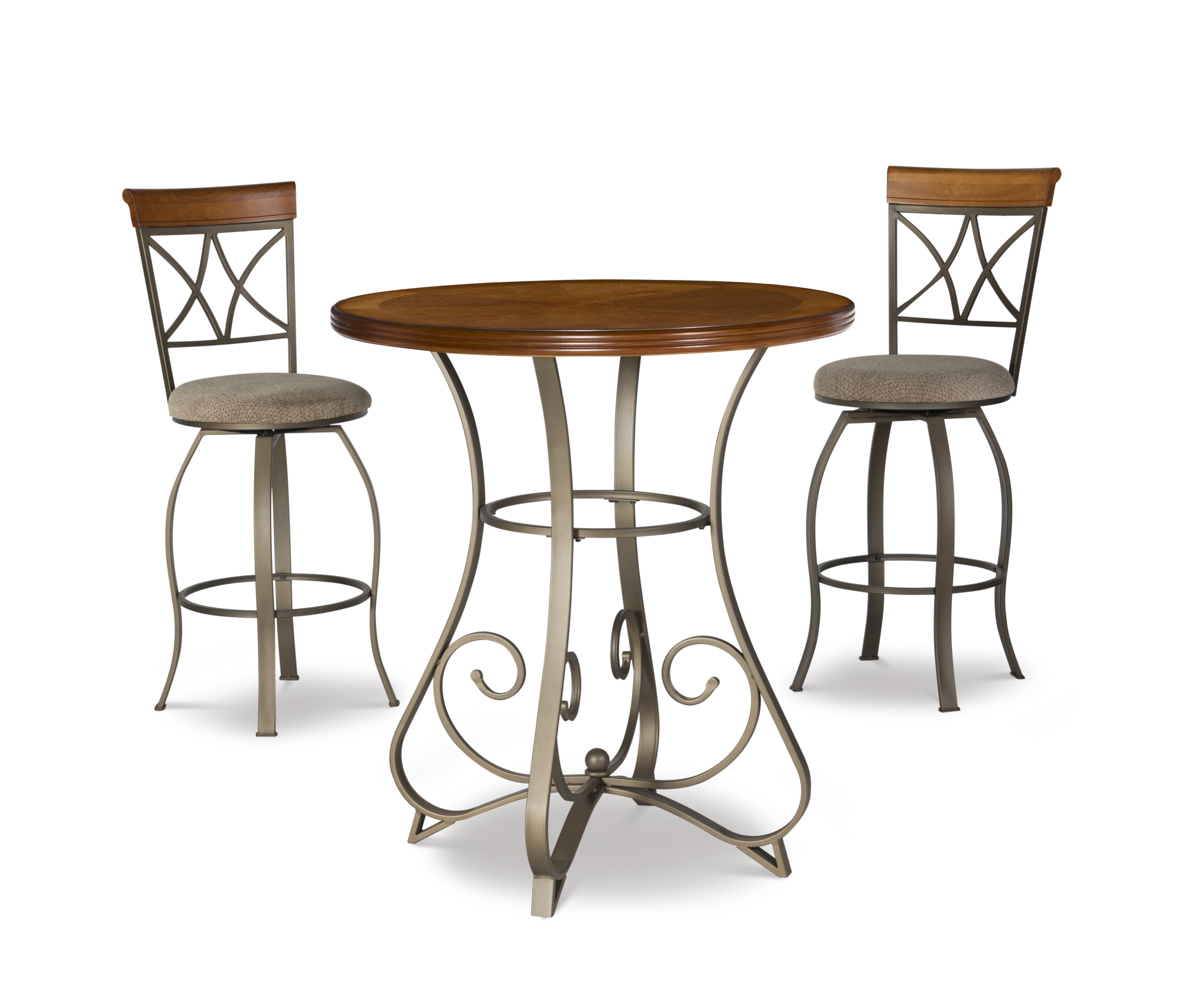 Hamilton 3-Piece Bar Height Pub Set with Swivel, Brushed Faux Medium Cherry Wood with "Matte Pewter and Bronze" Metal
