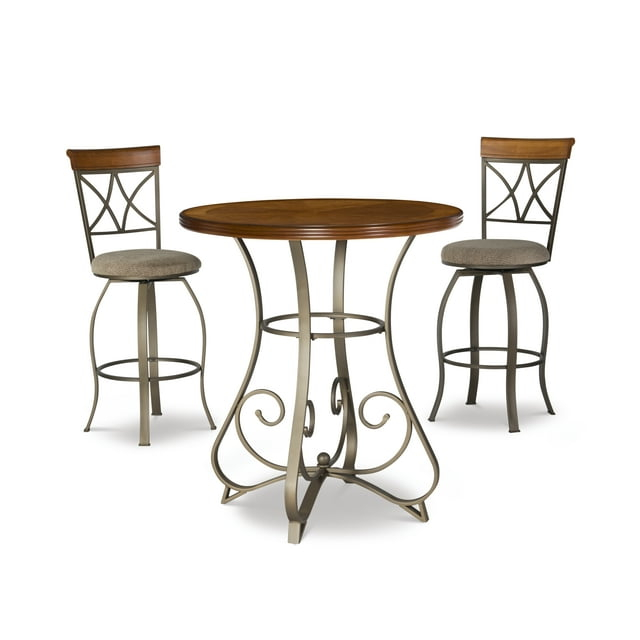 Hamilton 3-Piece Bar Height Pub Set with Swivel, Brushed Faux Medium Cherry Wood with "Matte Pewter and Bronze" Metal