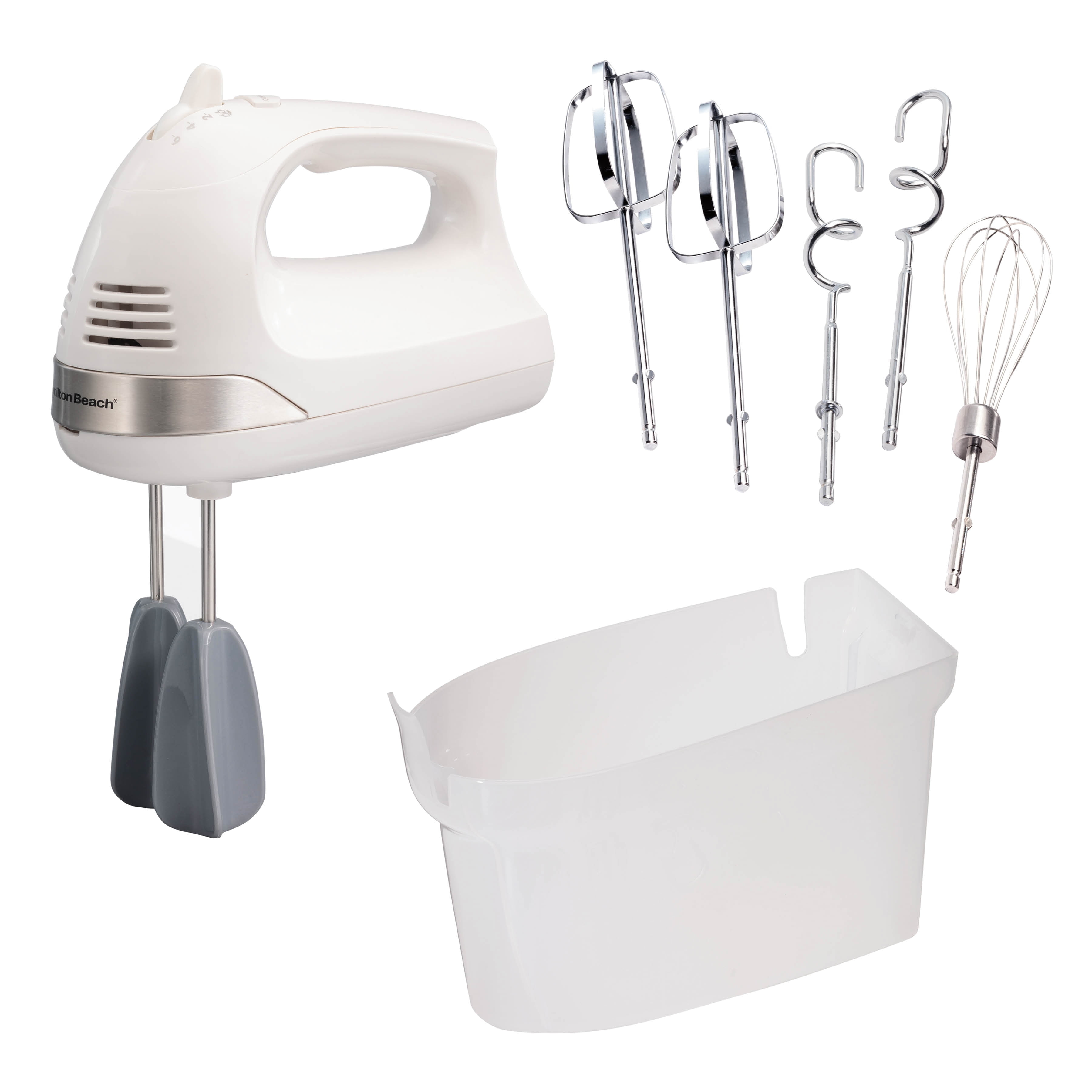 6-Speed Electric Hand Mixer with Whisk, Dough Hooks and Easy Clean Beaters, Powerful 275 Watt Motor, Snap-On Storage Case, White