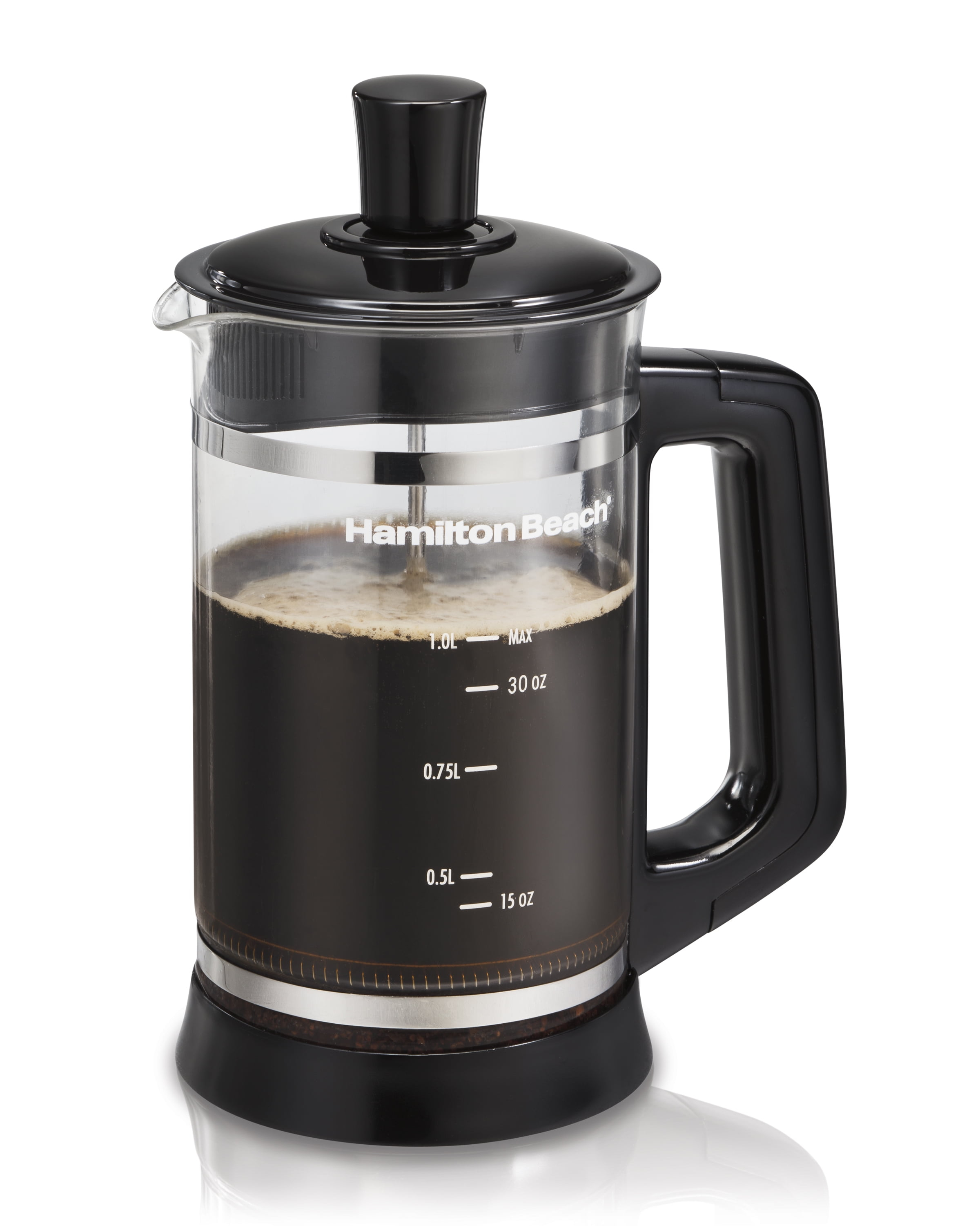 Hamilton Beach French Press with Cocoa Attachment, Glass Carafe, 1 Liter, Black, Model 40400R