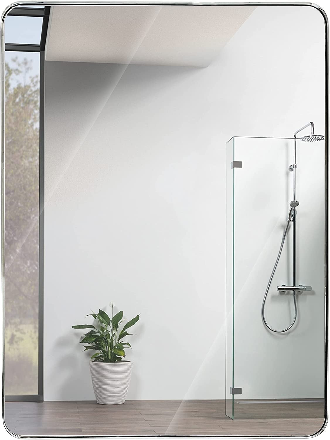 Hamilton Hills Contemporary Brushed Metal Wall Mirror Glass Panel Framed