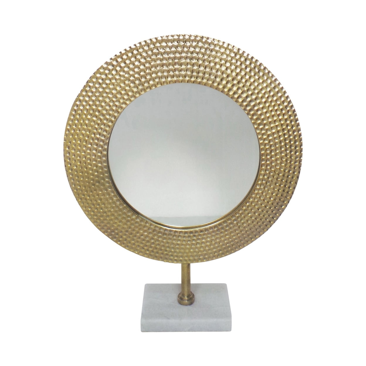 Benjara Hammered Metal Frame Round Standing Mirror with Block Base, Large, Gold