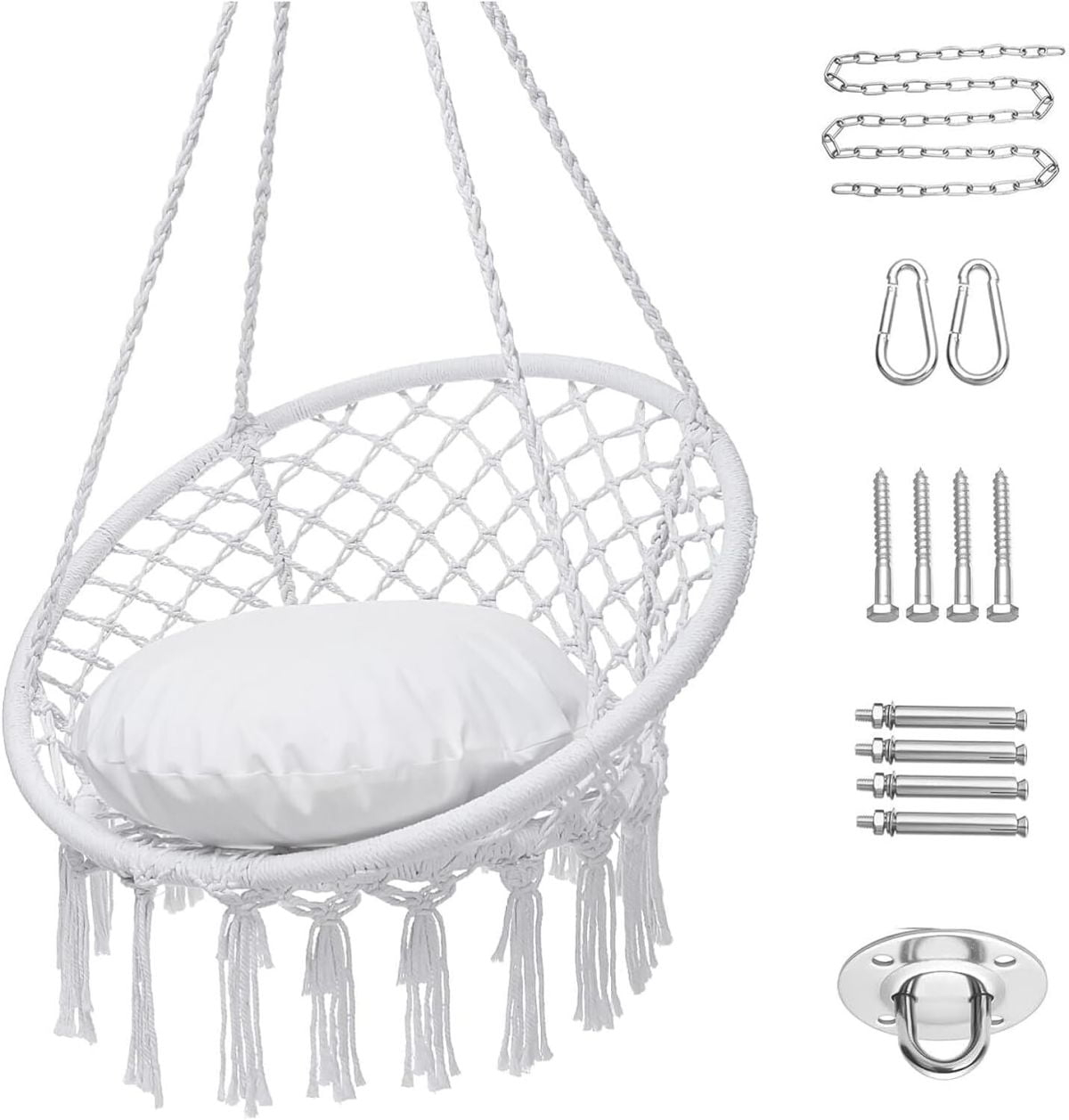 Hammock Chair Macrame Swing, Max 330 Lbs, Hanging Cotton Rope Hammock Swing Chair for Indoor Outdoor Home Patio Deck Yard Garden Reading Leisure Lounging, Hammock Chair+Cushion+Acce