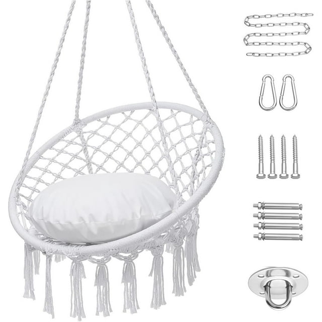 Hammock Chair Macrame Swing, Max 330 Lbs, Hanging Cotton Rope Hammock Swing Chair for Indoor Outdoor Home Patio Deck Yard Garden Reading Leisure Lounging, Hammock Chair+Cushion+Acce